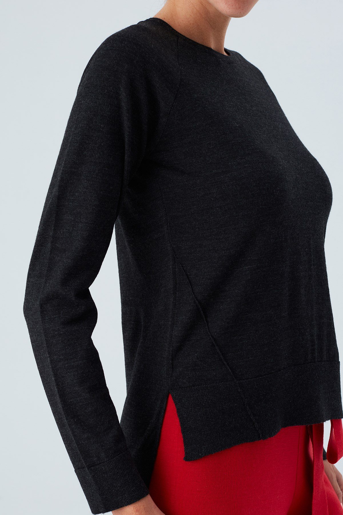 Peraluna VANESSA PULLOVER Merino Yünlü Yanları Yırtmaçlı Ince Kadın Triko Kazak Antrasit Melanj