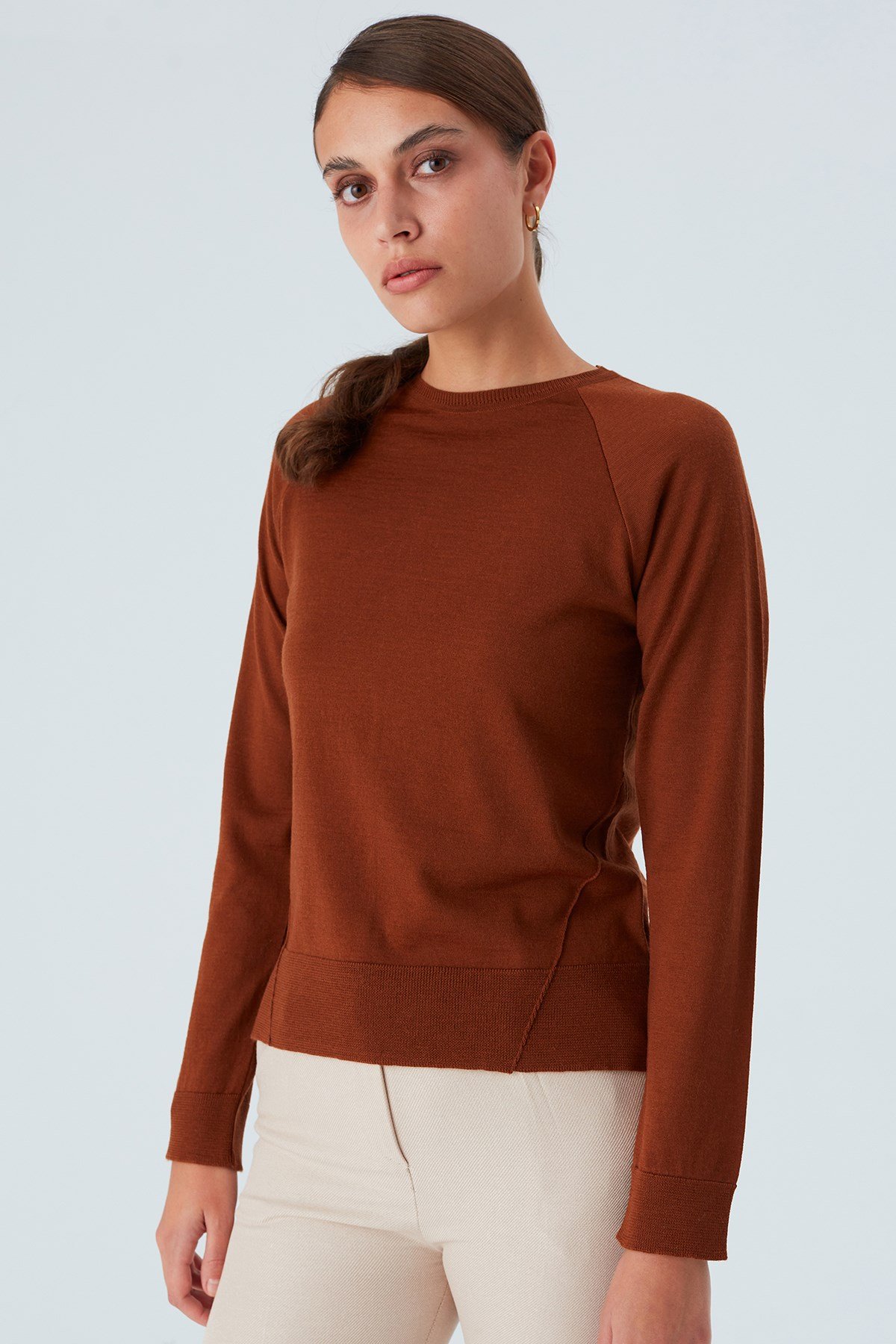 Peraluna VANESSA PULLOVER Merino Yünlü Yanları Yırtmaçlı Ince Kadın Triko Kazak Kahve