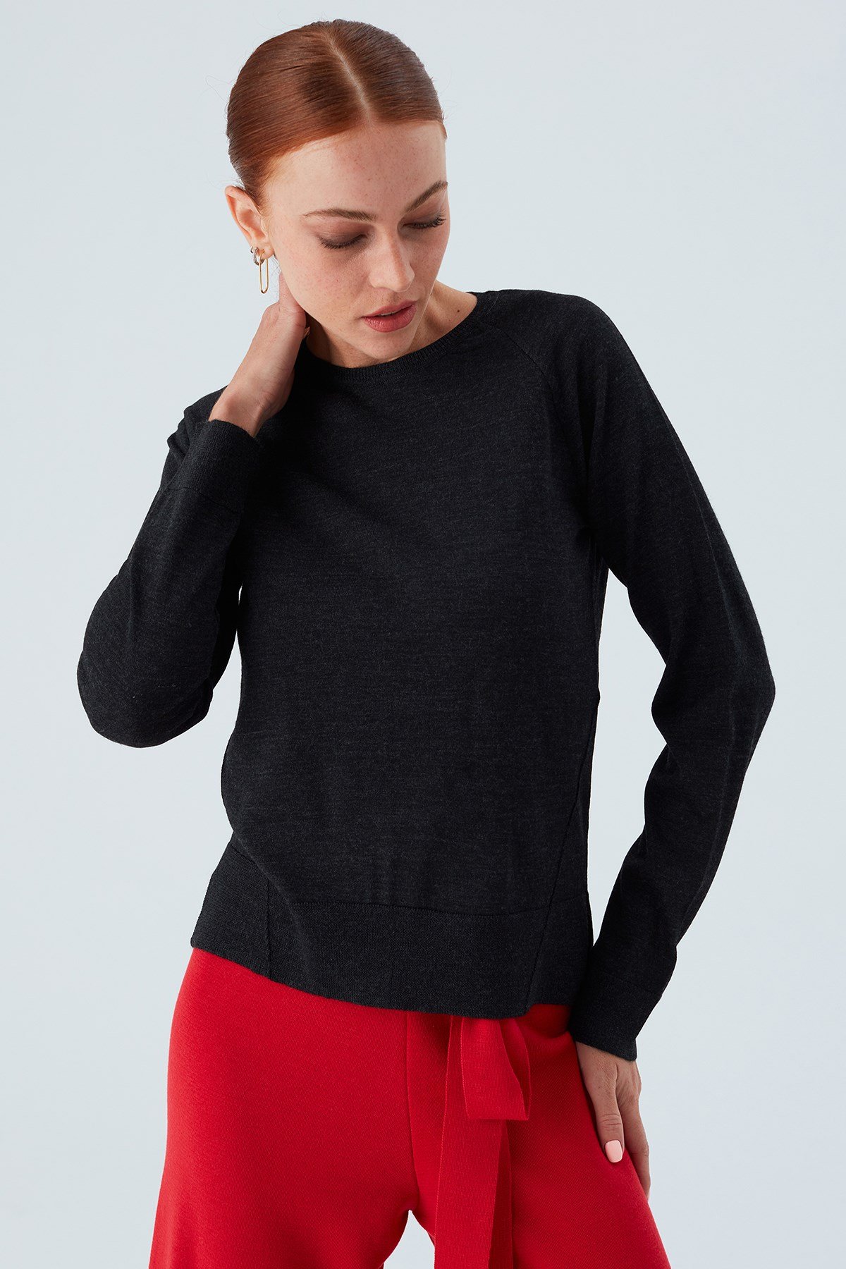 Peraluna VANESSA PULLOVER Merino Yünlü Yanları Yırtmaçlı Ince Kadın Triko Kazak Antrasit Melanj