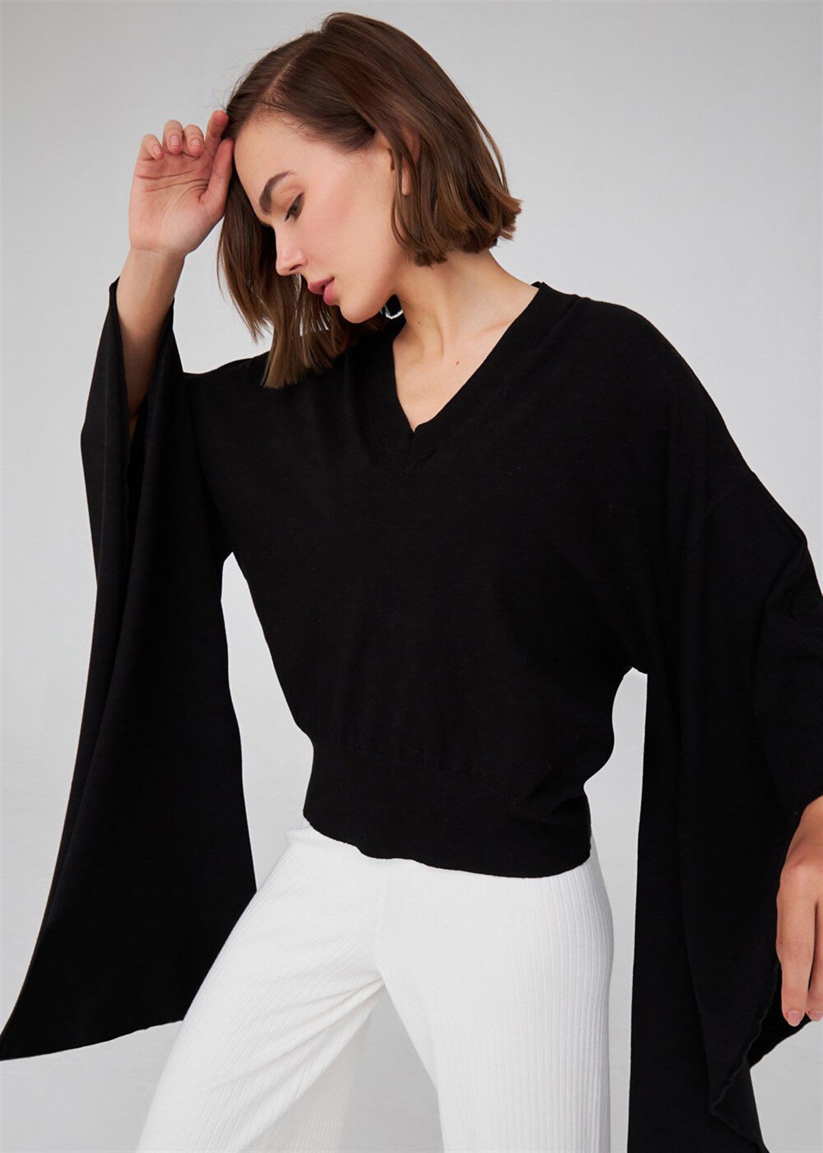 Peraluna Viskon Karışım Egzotik Kadın Triko Kimono Siyah