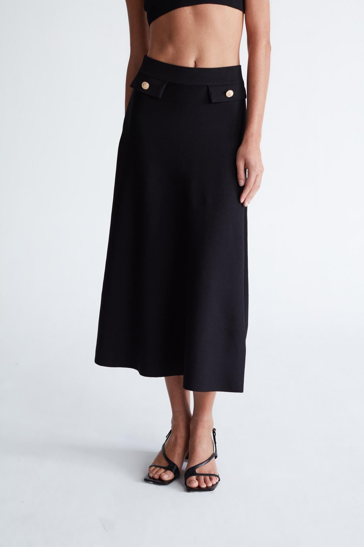 Peraluna VIVIEN SKIRT Düğme Detaylı Diz Altı Kloş Kadın Triko Etek Siyah