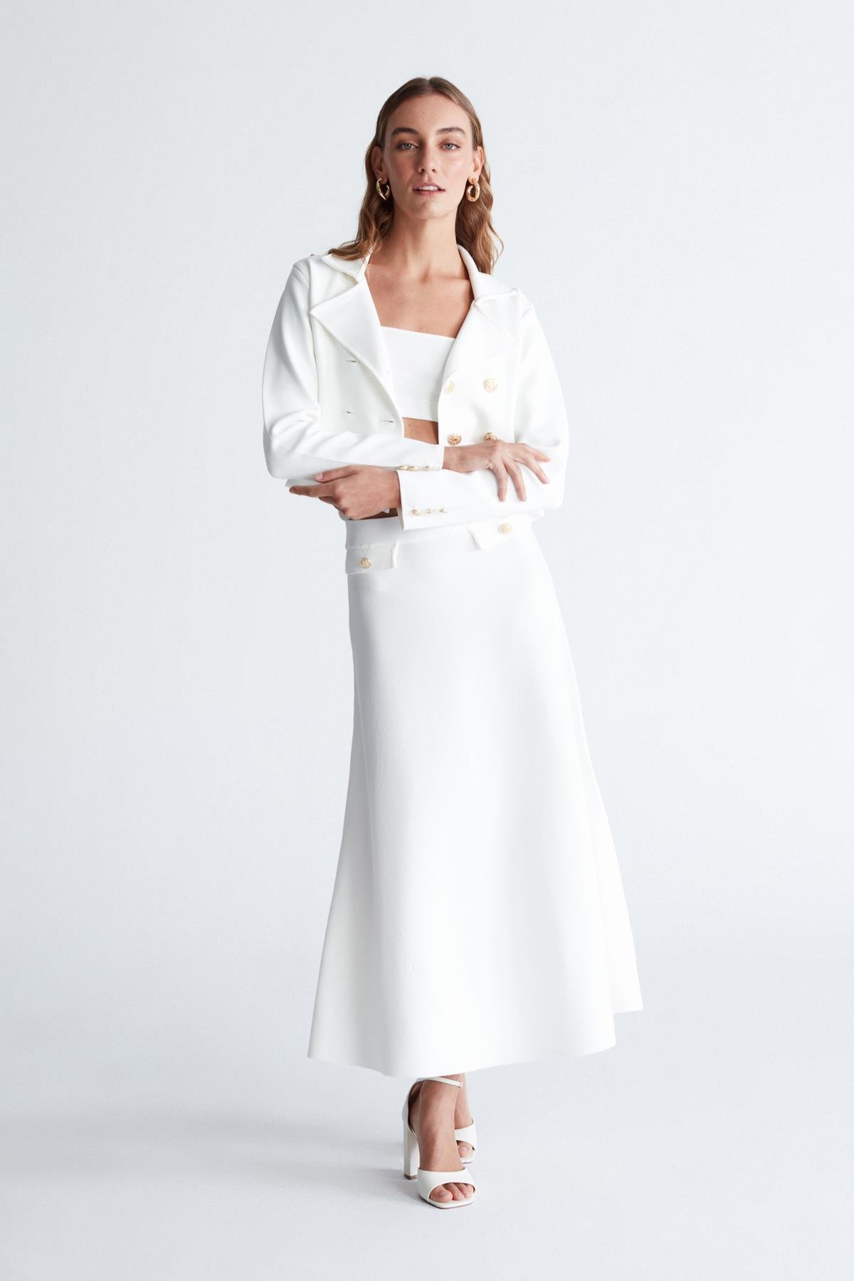 Peraluna VIVIEN SKIRT Düğme Detaylı Diz Altı Kloş Kadın Triko Etek Ekru