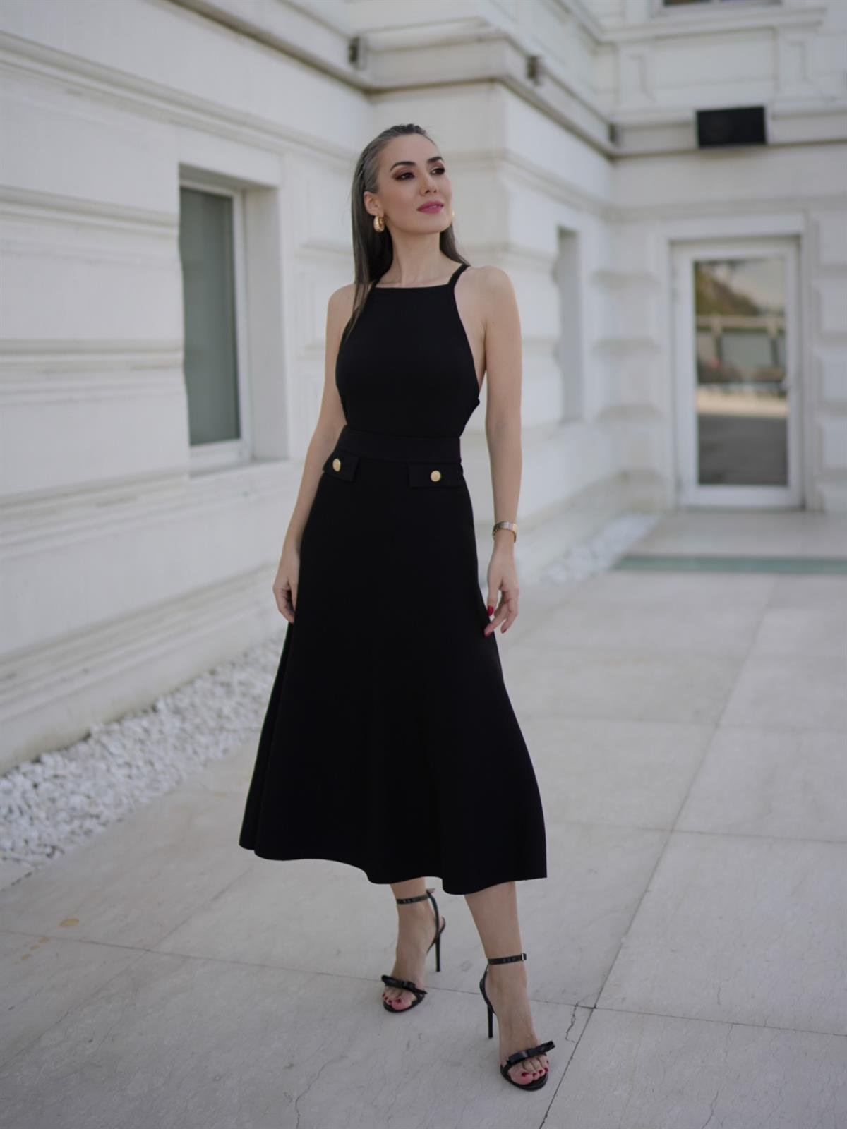 Peraluna VIVIEN SKIRT Düğme Detaylı Diz Altı Kloş Kadın Triko Etek Siyah