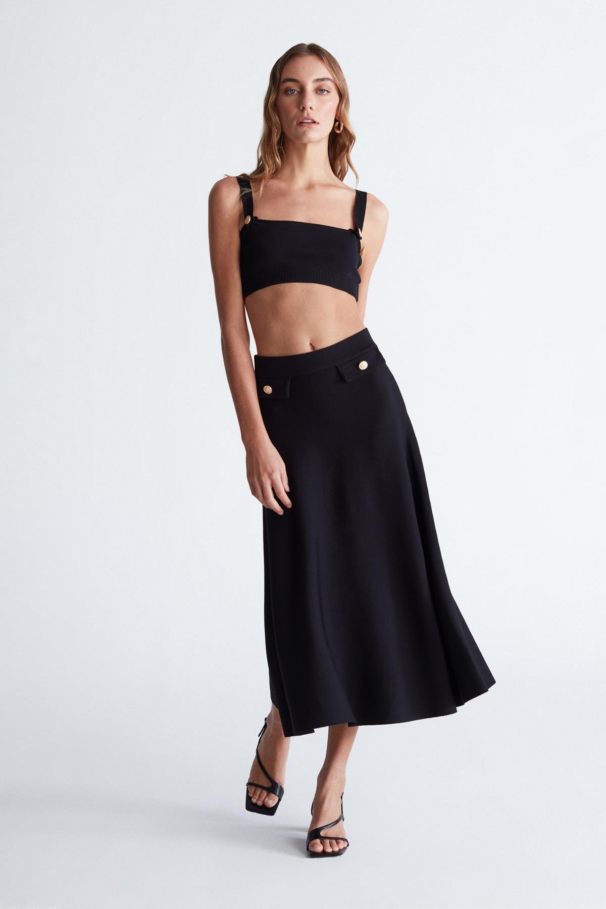 Peraluna VIVIEN SKIRT Düğme Detaylı Diz Altı Kloş Kadın Triko Etek Siyah