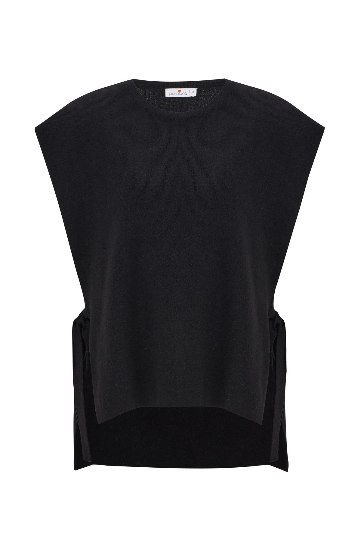 Peraluna Yandan Bağcıklı Bol Kesim Kaşmir Karışım Kadın Triko Panço Siyah