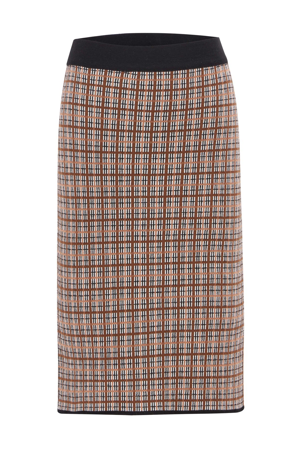 Peraluna Yırtmaçlı Ekose Diz Altı Kadın Triko Etek Siyah