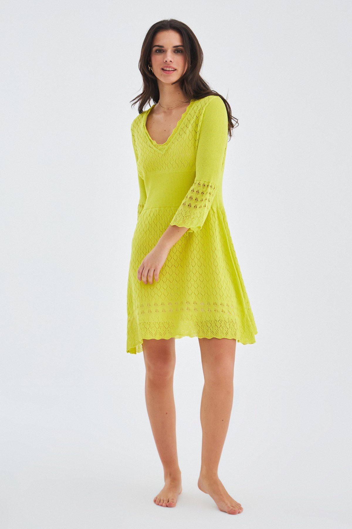 Peraluna YOHO DRESS Openwork V-neck Above Knee Women's Summer Knitwear Dress - Lime