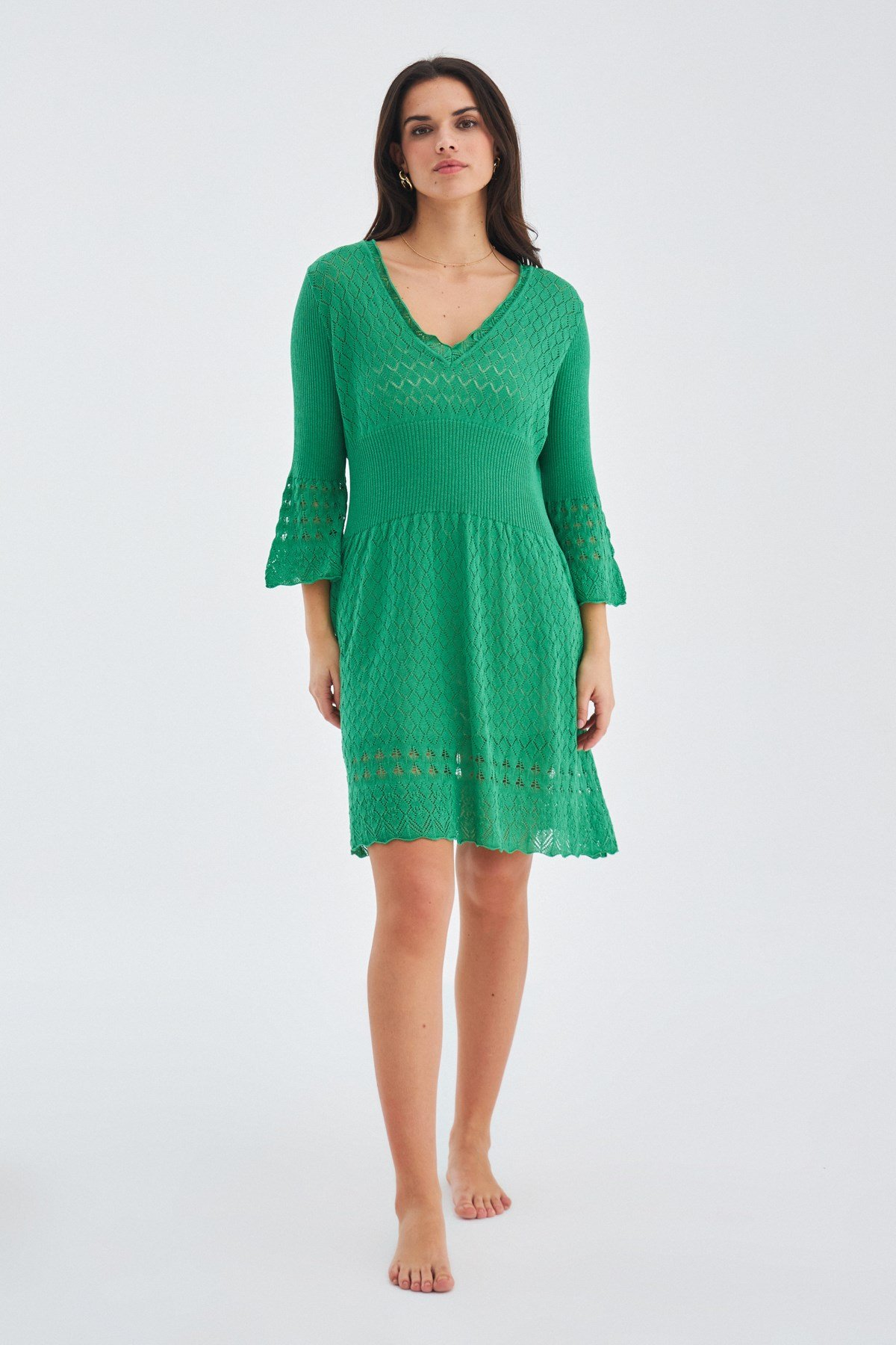 Peraluna YOHO DRESS Openwork V-neck Above Knee Women's Summer Knitwear Dress - Grass Green