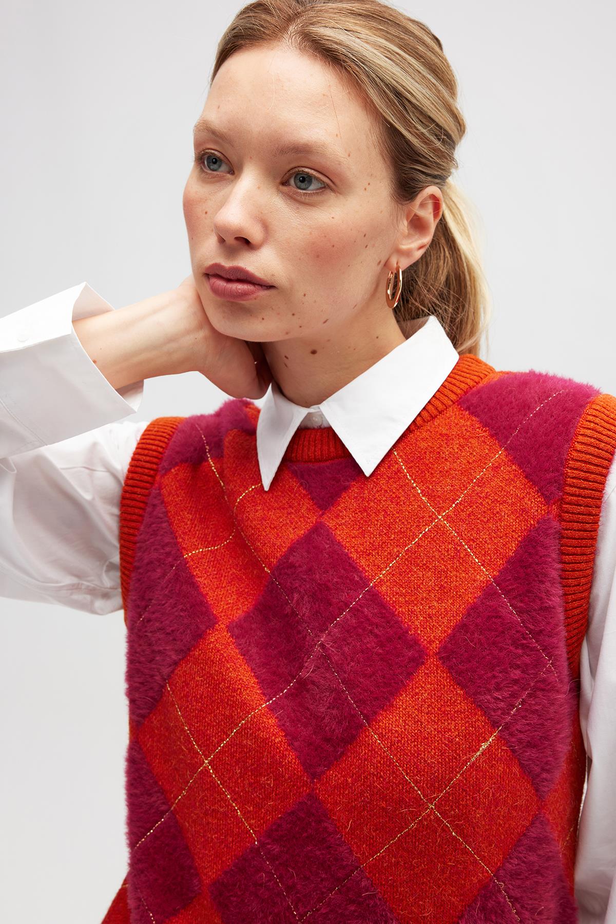 Peraluna Yui Baklavalı Kadın Triko Süveter - Turuncu Multi