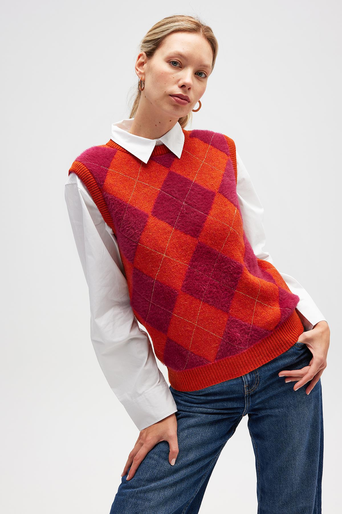 Peraluna Yui Baklavalı Kadın Triko Süveter - Turuncu Multi