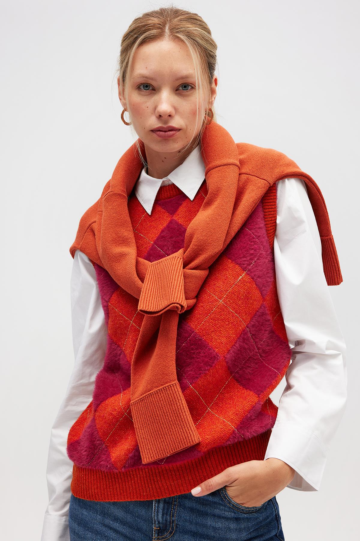 Peraluna Yui Baklavalı Kadın Triko Süveter - Turuncu Multi