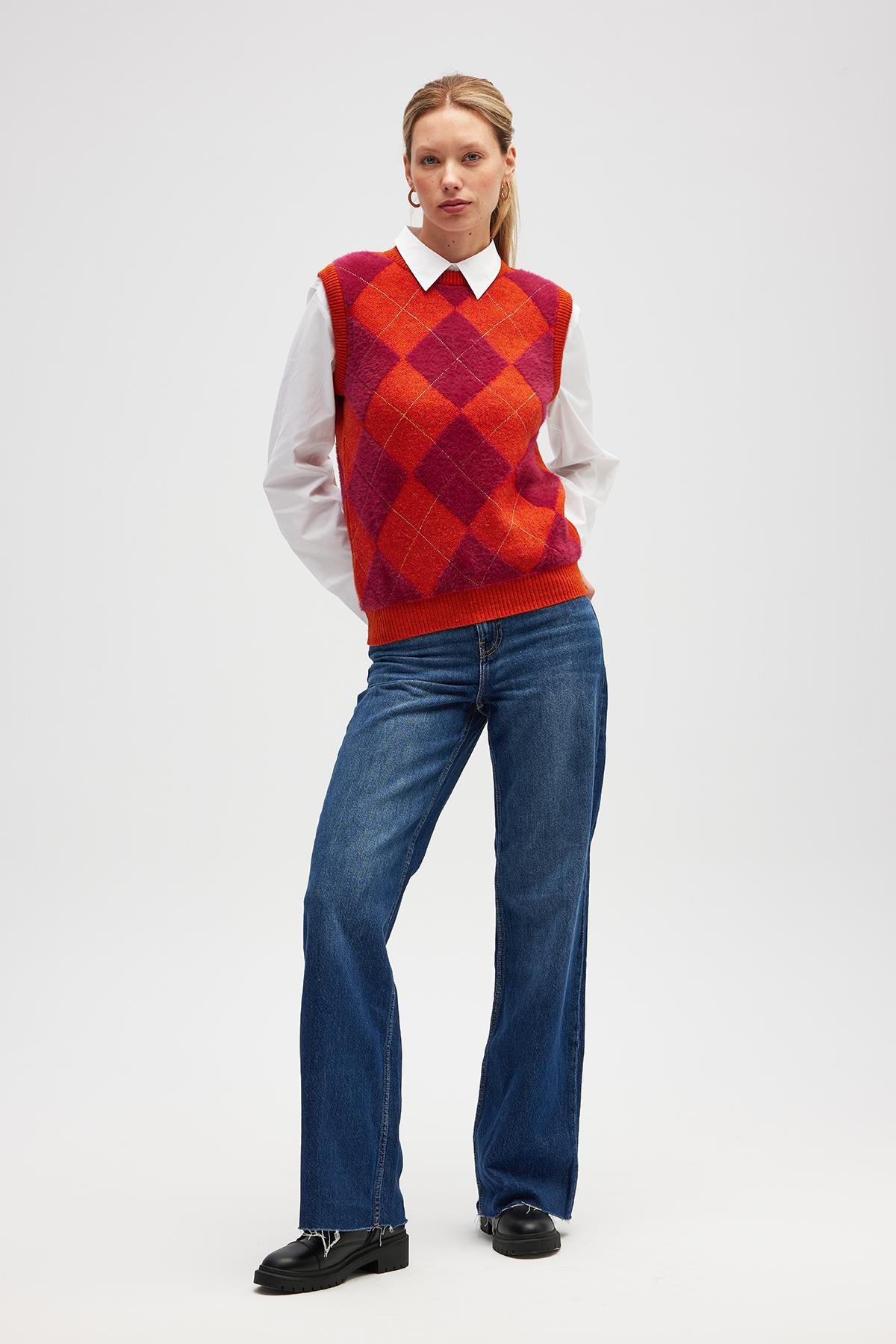 Peraluna Yui Baklavalı Kadın Triko Süveter - Turuncu Multi