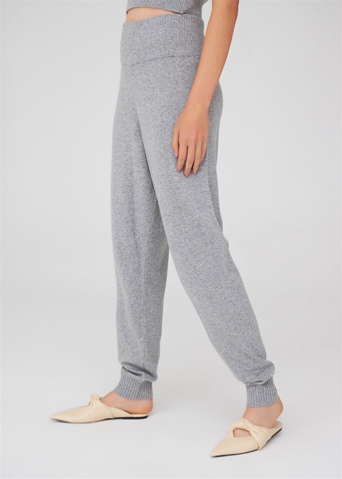 Peraluna Yüksek Bel Dar Paça Kaşmir Karışım Fit Kadın Triko Pantolon Gri Melanj