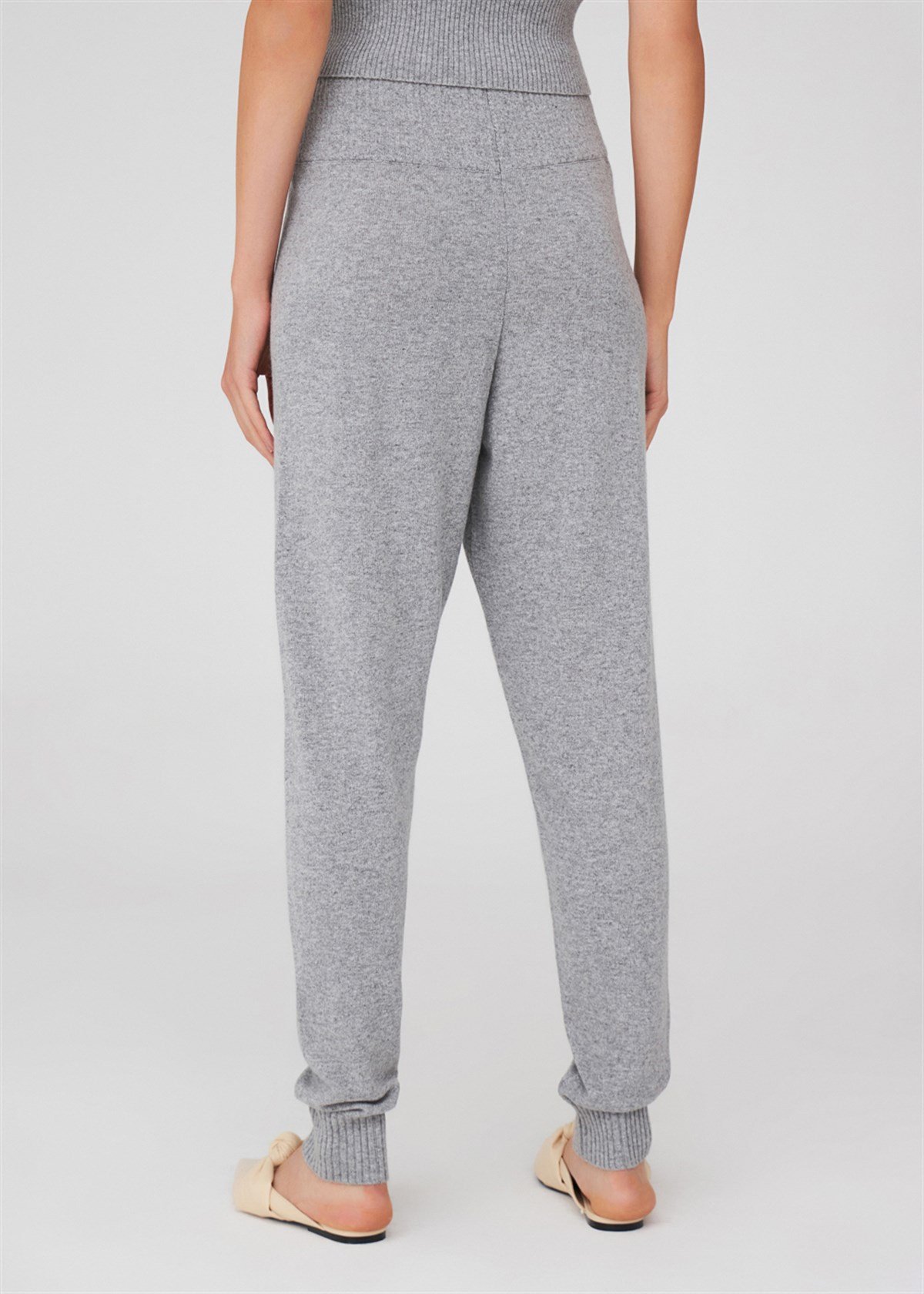 Peraluna Yüksek Bel Dar Paça Kaşmir Karışım Fit Kadın Triko Pantolon Gri Melanj