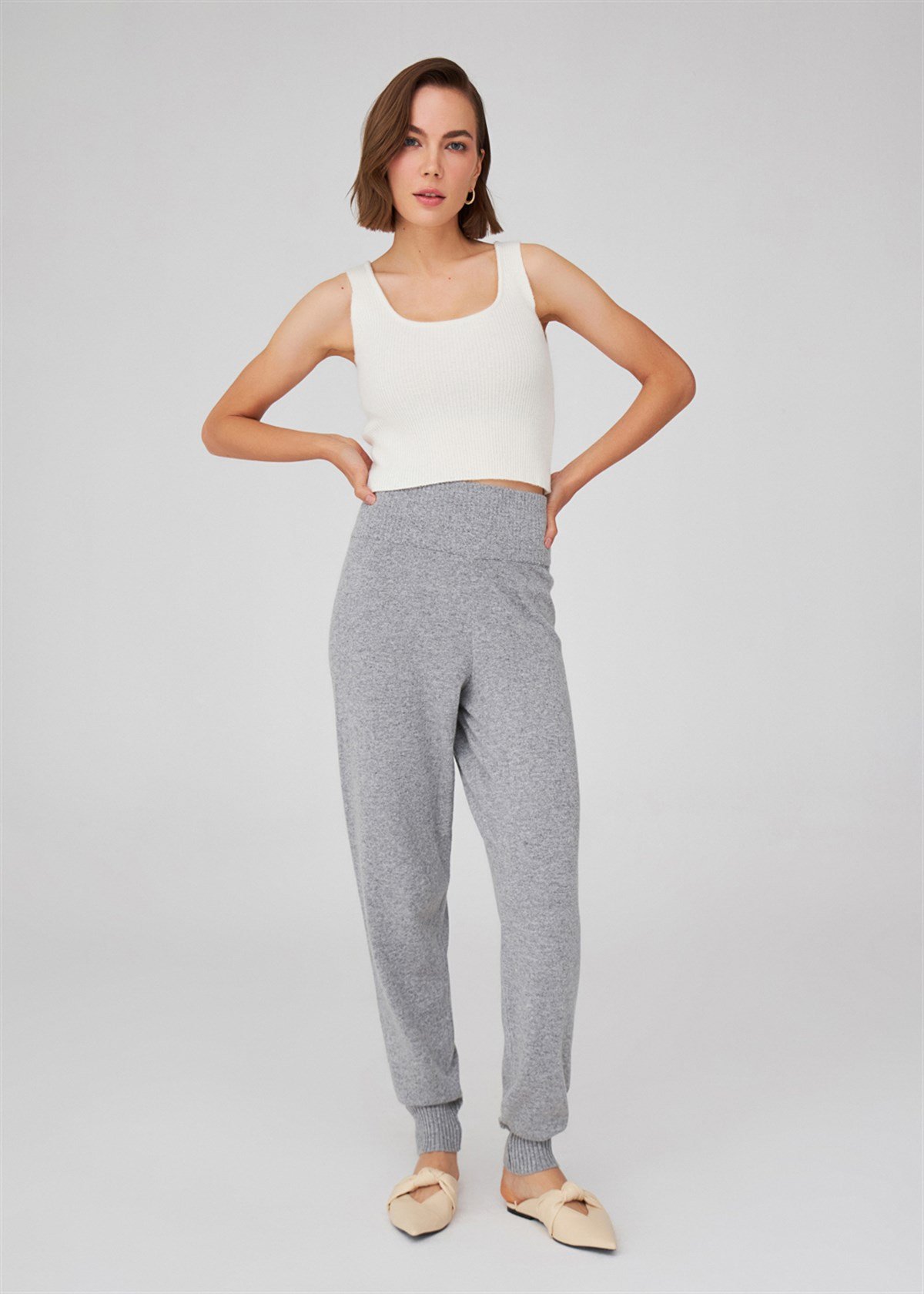 Peraluna Yüksek Bel Dar Paça Kaşmir Karışım Fit Kadın Triko Pantolon Gri Melanj