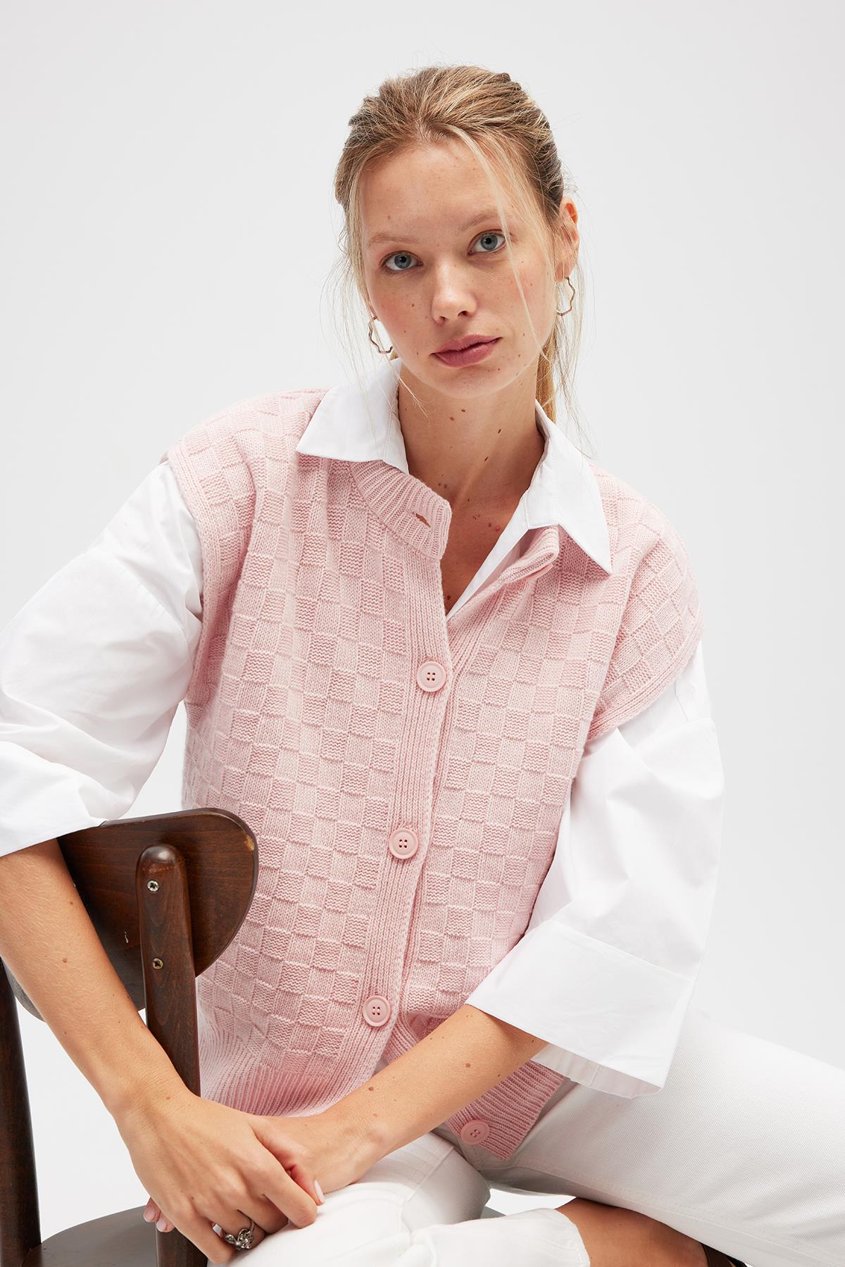 Peraluna Yvette Kadın Düğmeli Triko Yelek - Açık Pembe