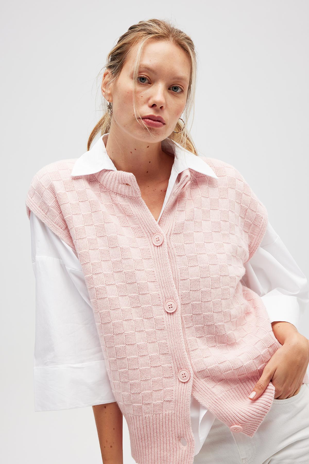 Peraluna Yvette Kadın Düğmeli Triko Yelek - Açık Pembe