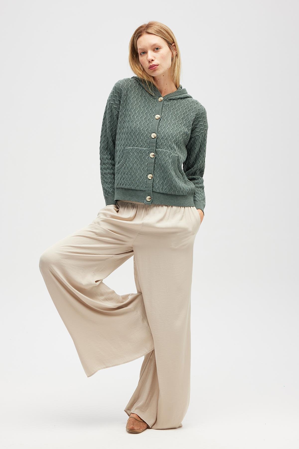 Peraluna Yvonne Kapüşonlu Cepli Triko Hırka - Kaktüs Yeşili