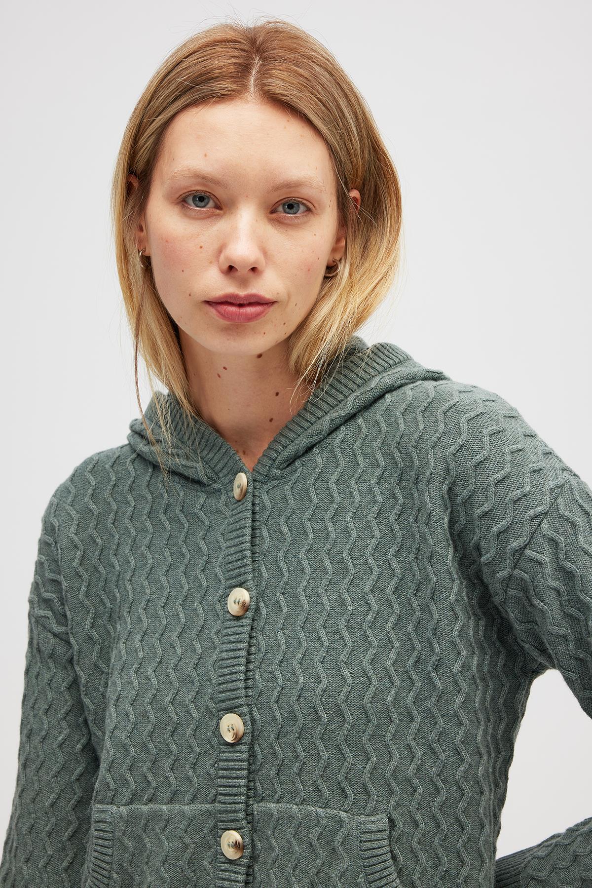 Peraluna Yvonne Kapüşonlu Cepli Triko Hırka - Kaktüs Yeşili