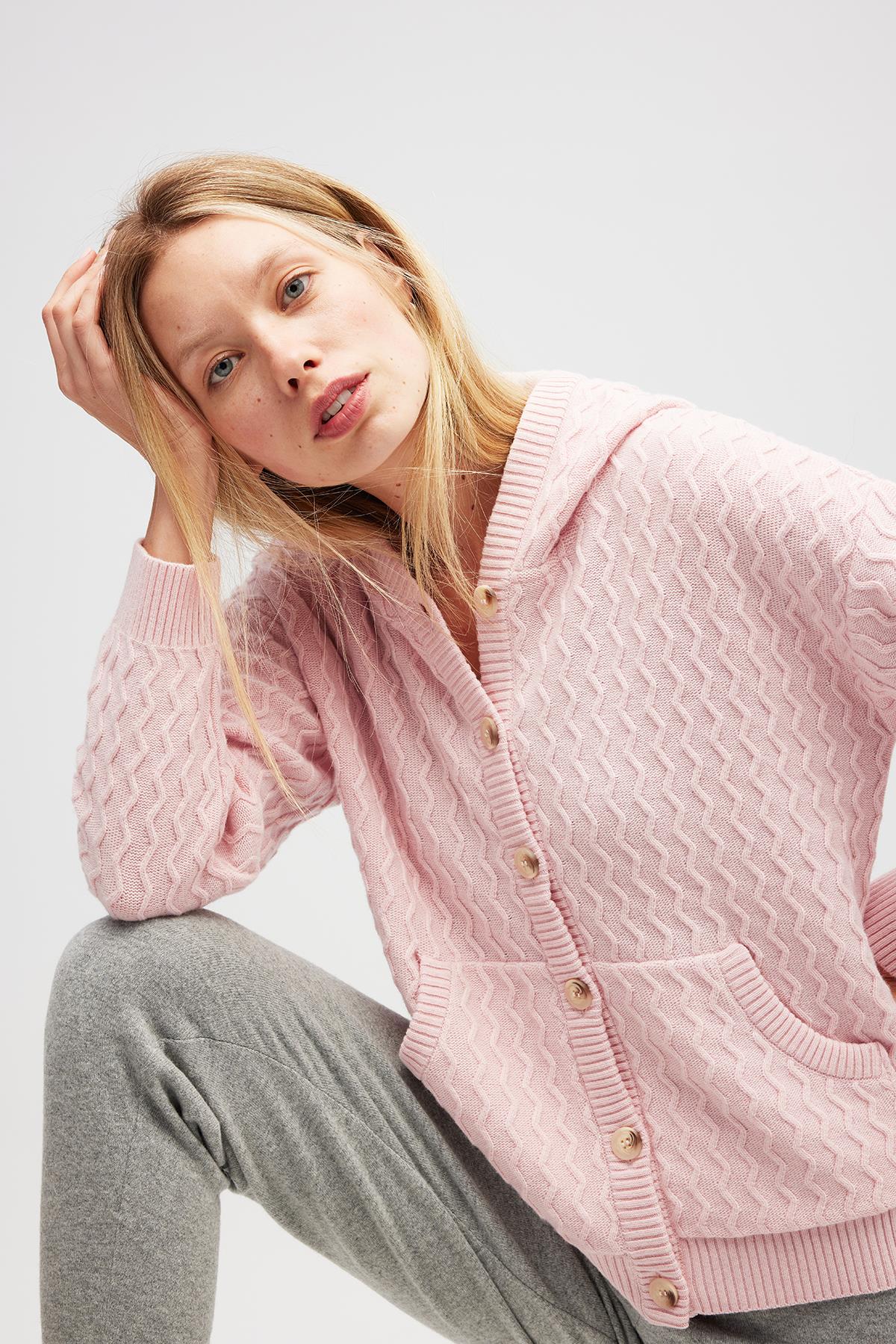 Peraluna Yvonne Kapüşonlu Cepli Triko Hırka - Açık Pembe