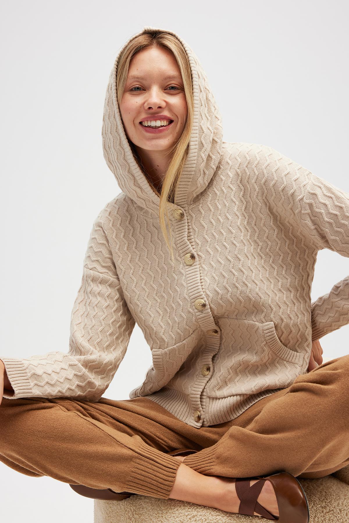 Peraluna Yvonne Kapüşonlu Cepli Triko Hırka - Bej