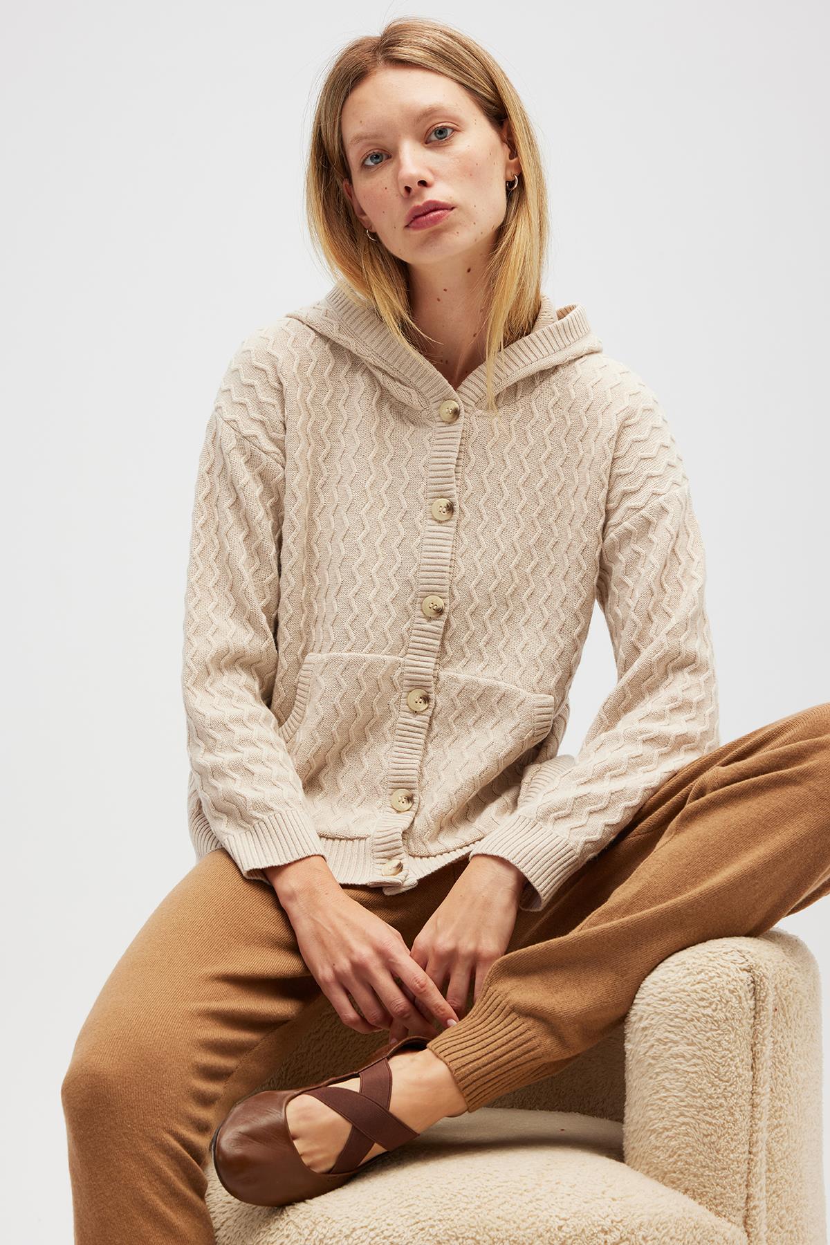 Peraluna Yvonne Kapüşonlu Cepli Triko Hırka - Bej