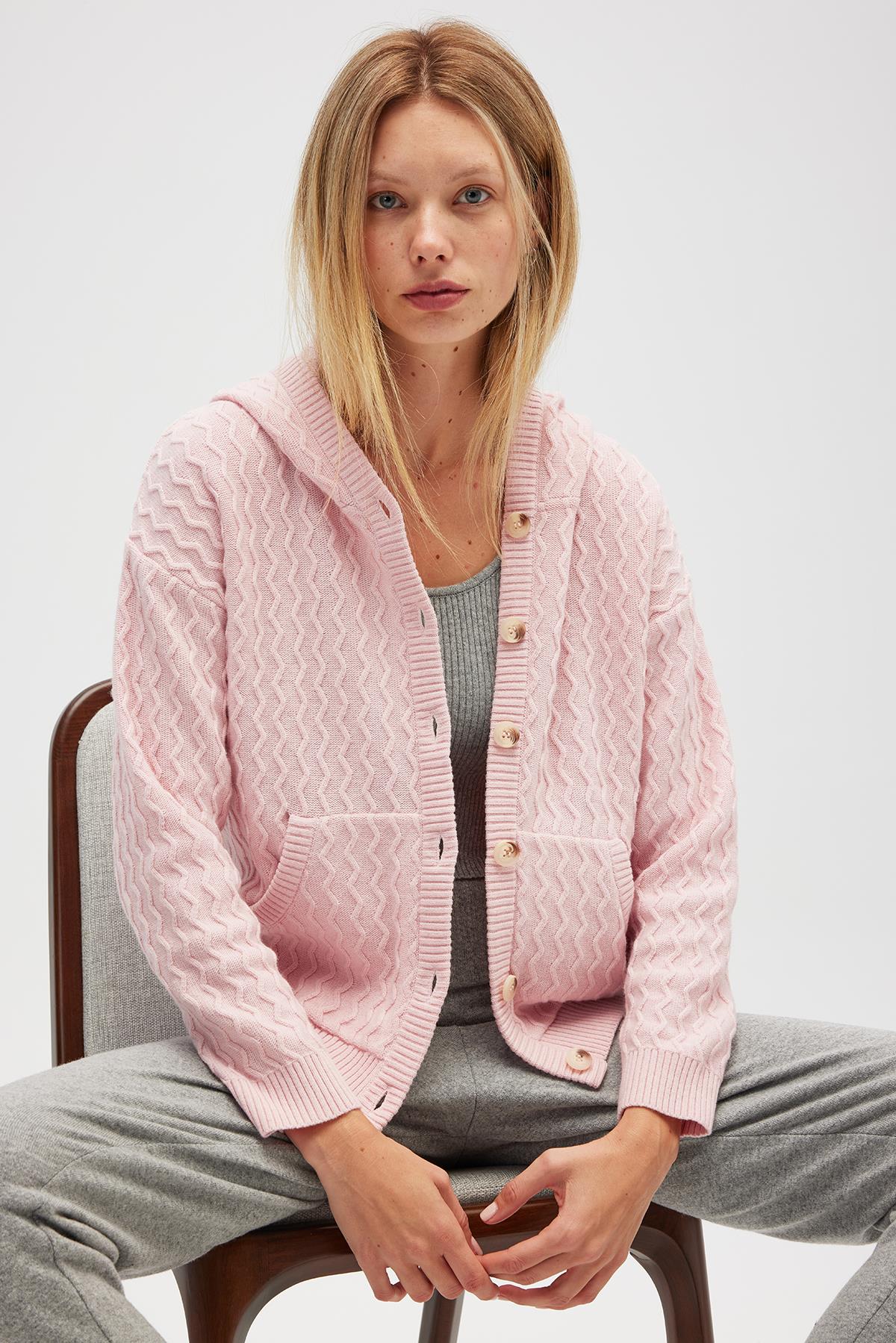 Peraluna Yvonne Kapüşonlu Cepli Triko Hırka - Açık Pembe