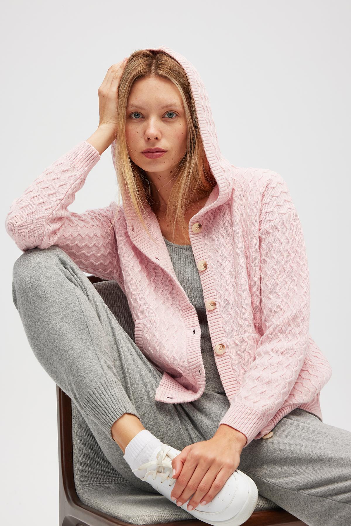 Peraluna Yvonne Kapüşonlu Cepli Triko Hırka - Açık Pembe