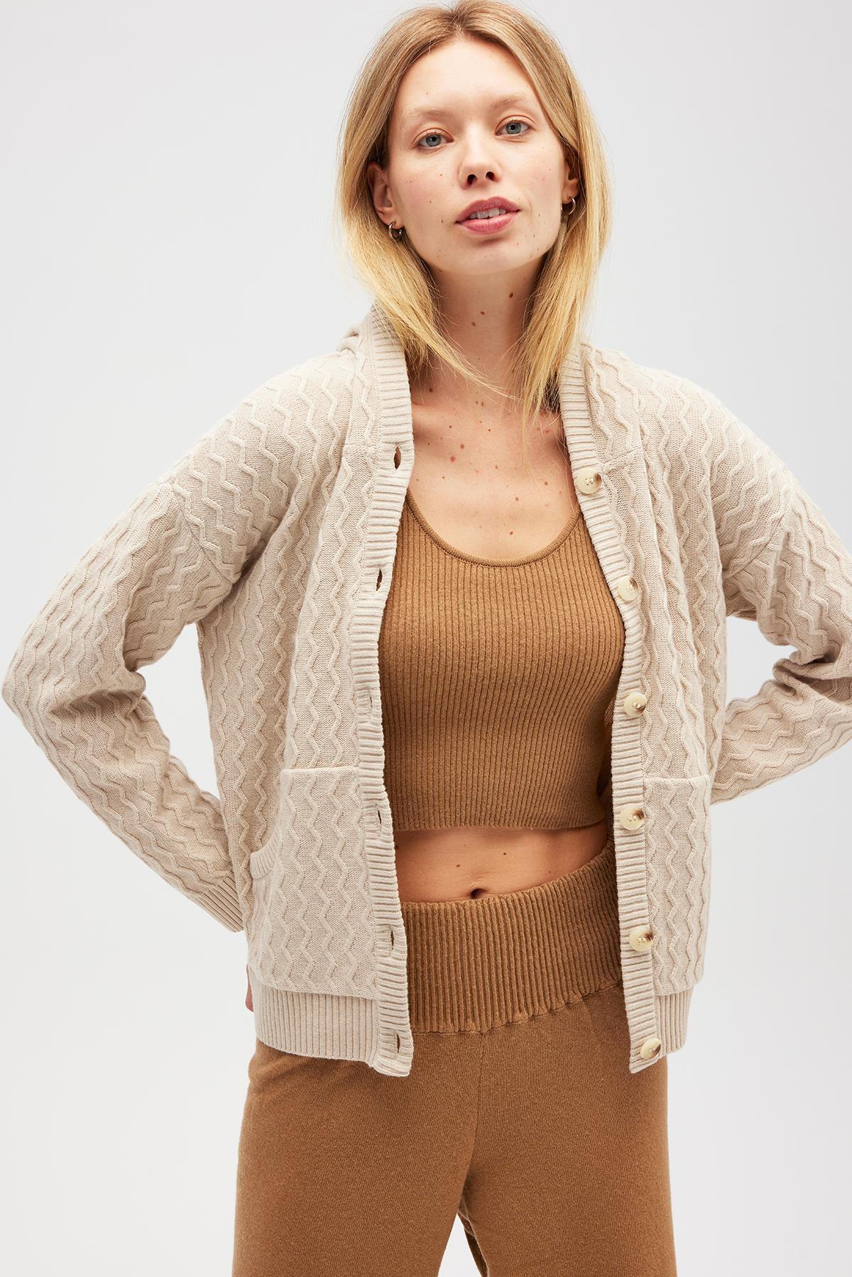 Peraluna Yvonne Kapüşonlu Cepli Triko Hırka - Bej