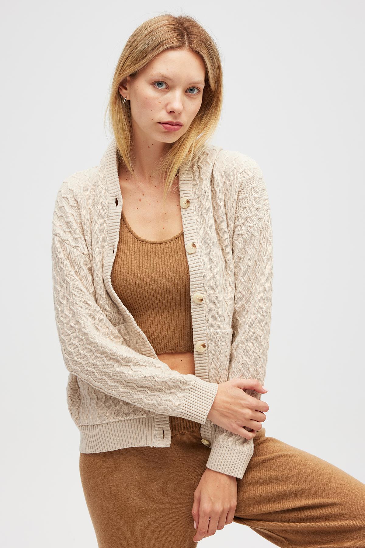 Peraluna Yvonne Kapüşonlu Cepli Triko Hırka - Bej