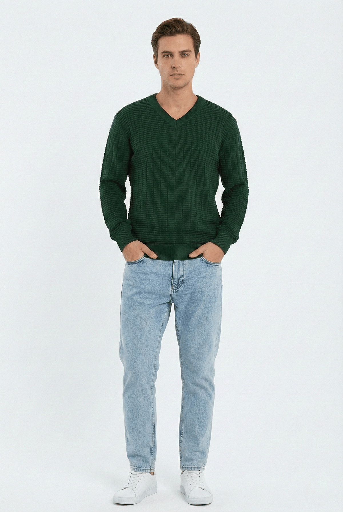 Peraluna ZACHA 'V Neck' NECK PULLOVER Three Dimensional Striped Seasonal Men's Knit Sweater - Green