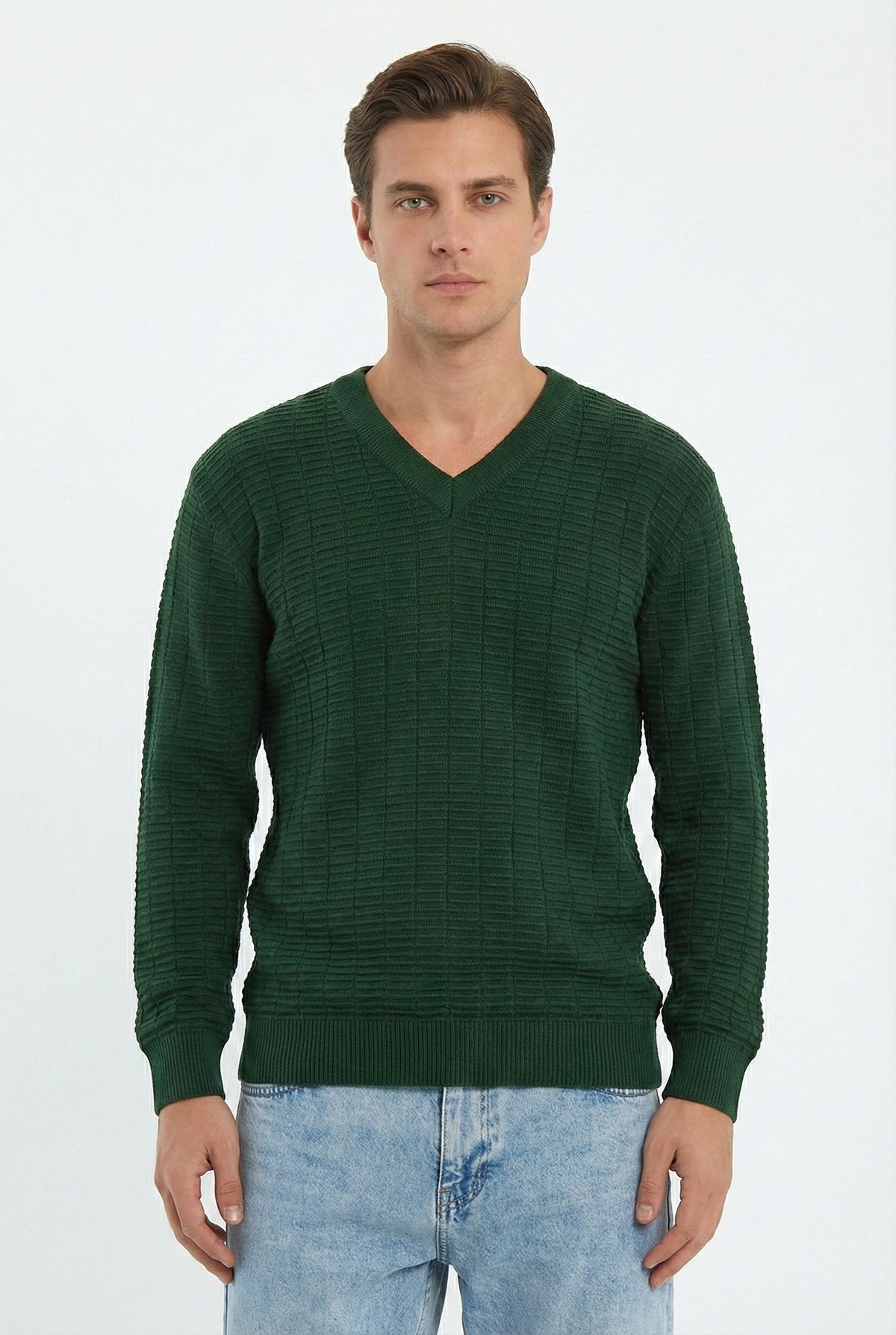 Peraluna ZACHA 'V Neck' NECK PULLOVER Three Dimensional Striped Seasonal Men's Knit Sweater - Green