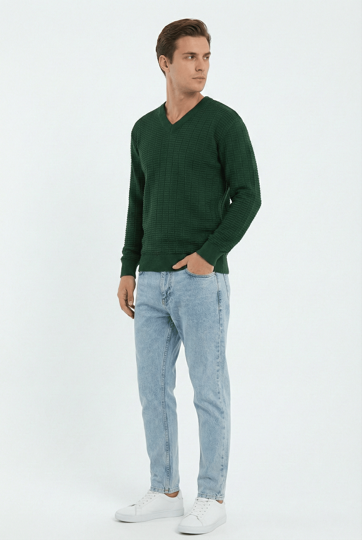 Peraluna ZACHA 'V Neck' NECK PULLOVER Three Dimensional Striped Seasonal Men's Knit Sweater - Green