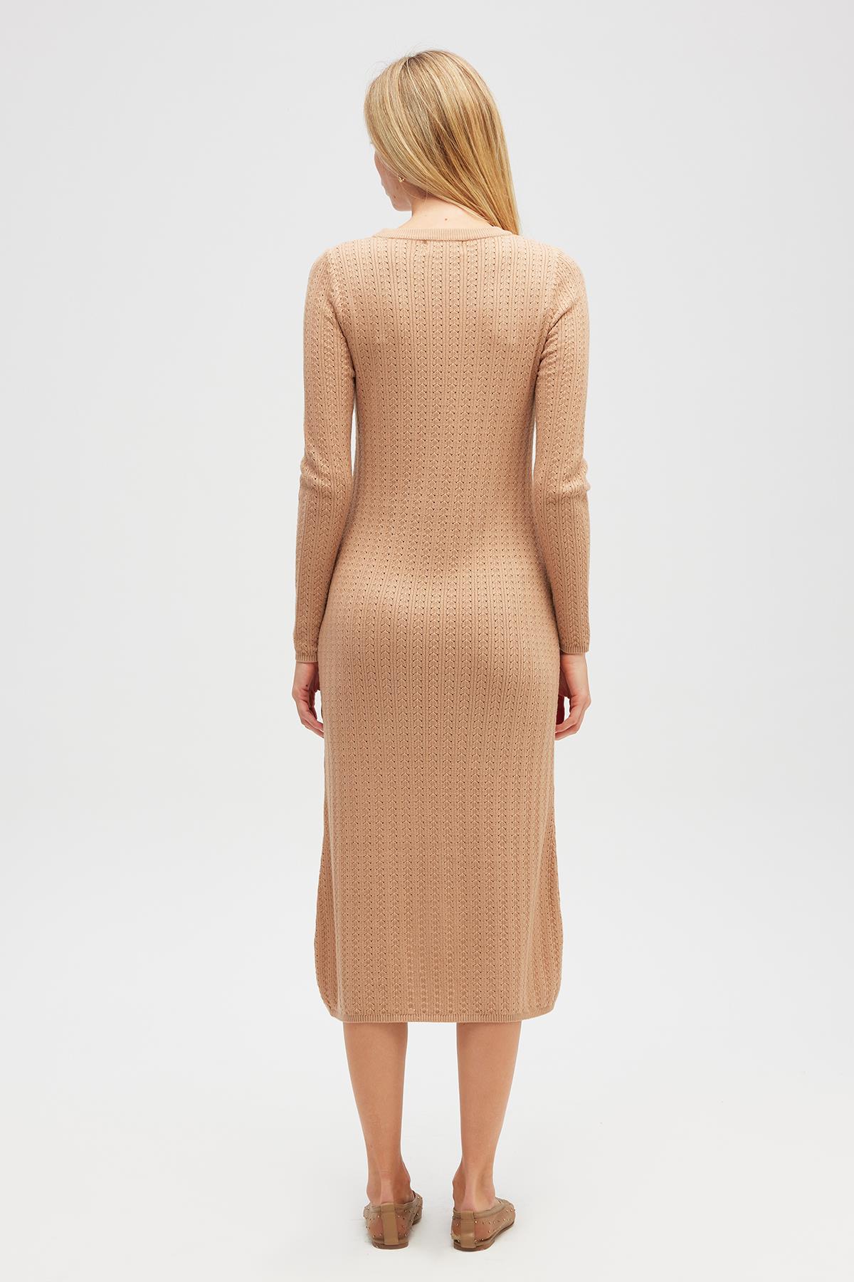 Peraluna Zaira Mini Saç Örgü Desenli, Yırtmaçlı Elbise - Camel