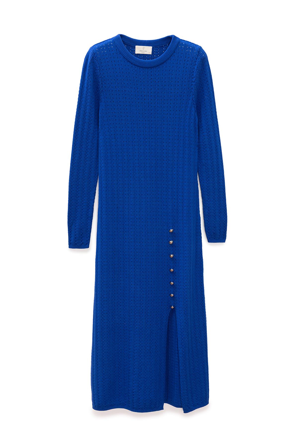 Peraluna Zaira Mini Saç Örgü Desenli, Yırtmaçlı Elbise - Saks Mavi