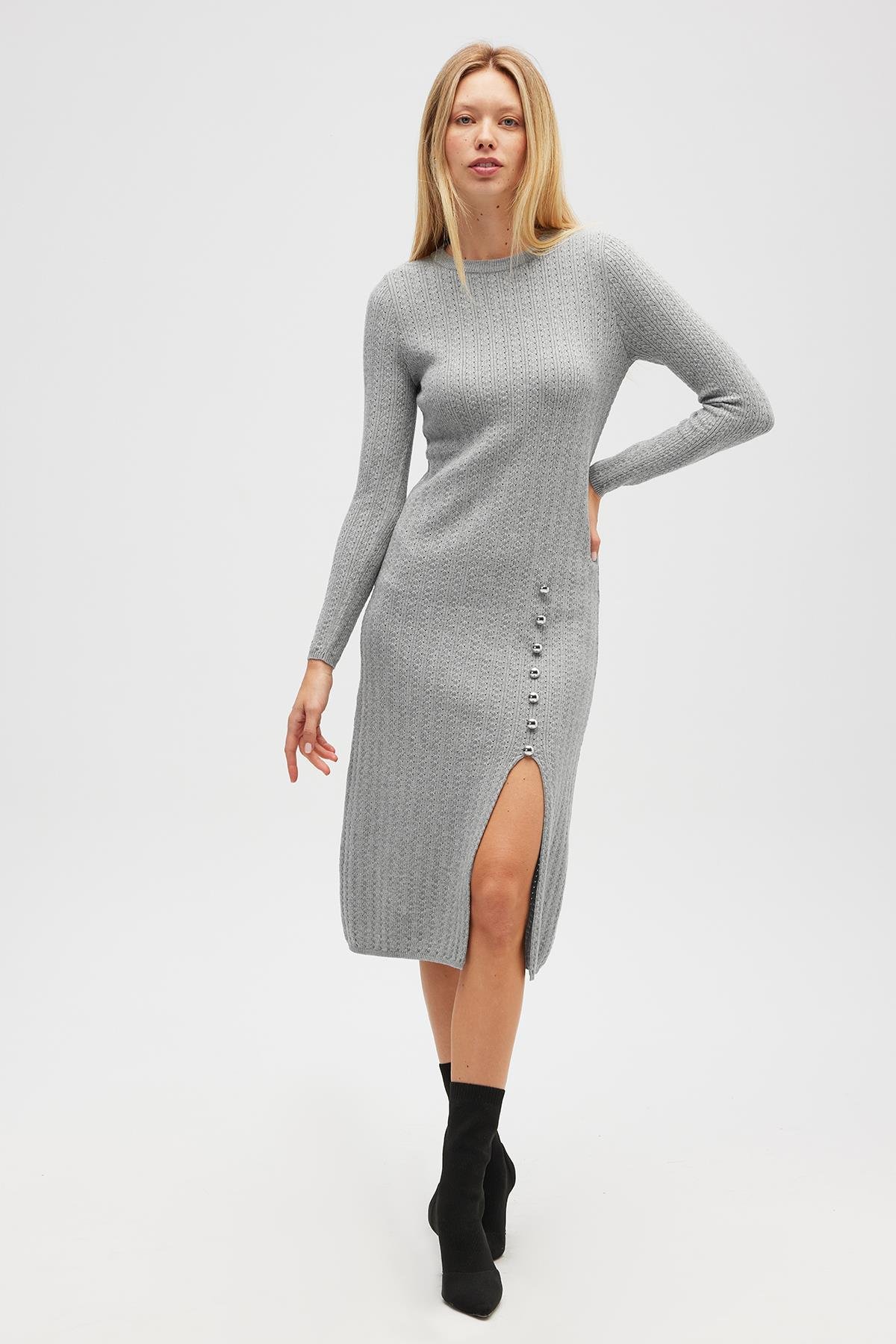 Peraluna Zaira Mini Saç Örgü Desenli, Yırtmaçlı Elbise - Gri Melanj