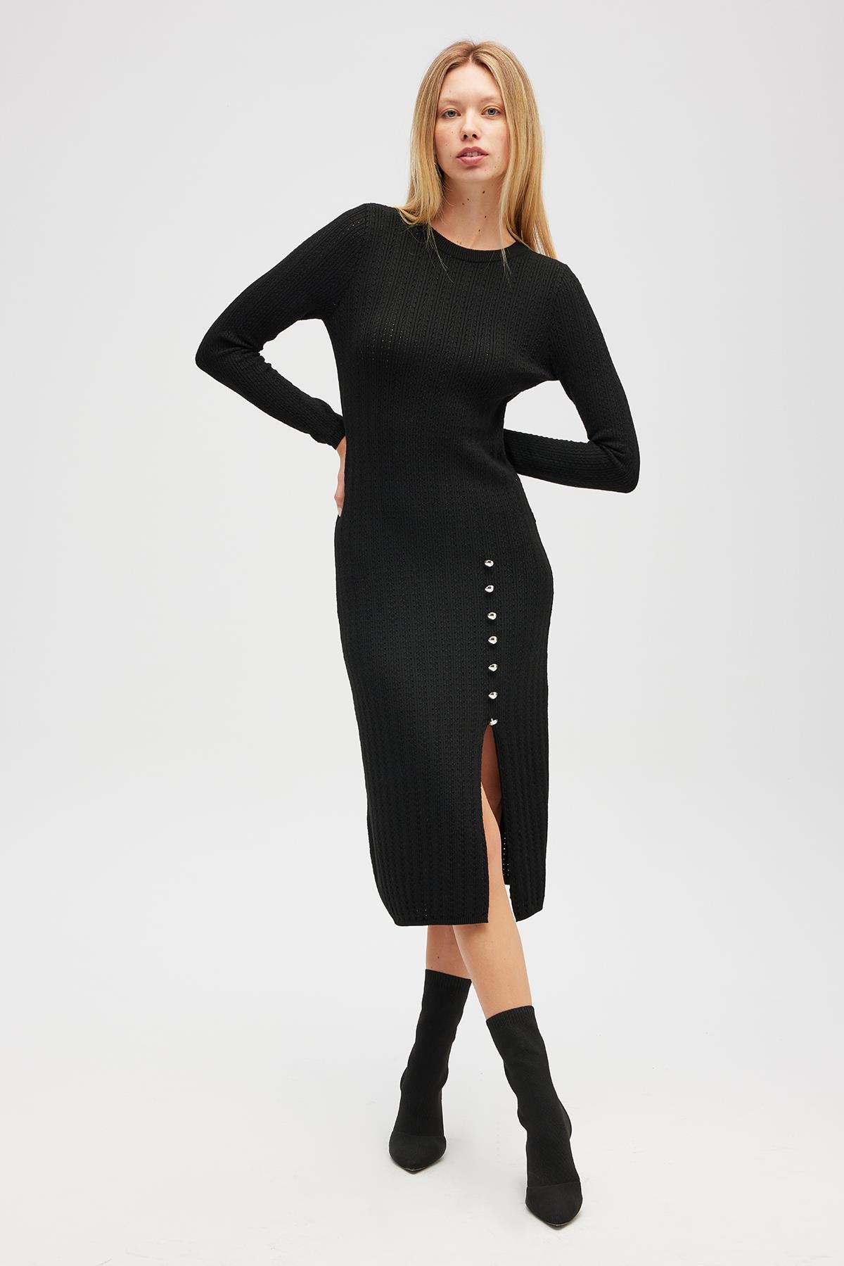 Peraluna Zaira Mini Saç Örgü Desenli, Yırtmaçlı Elbise - Siyah