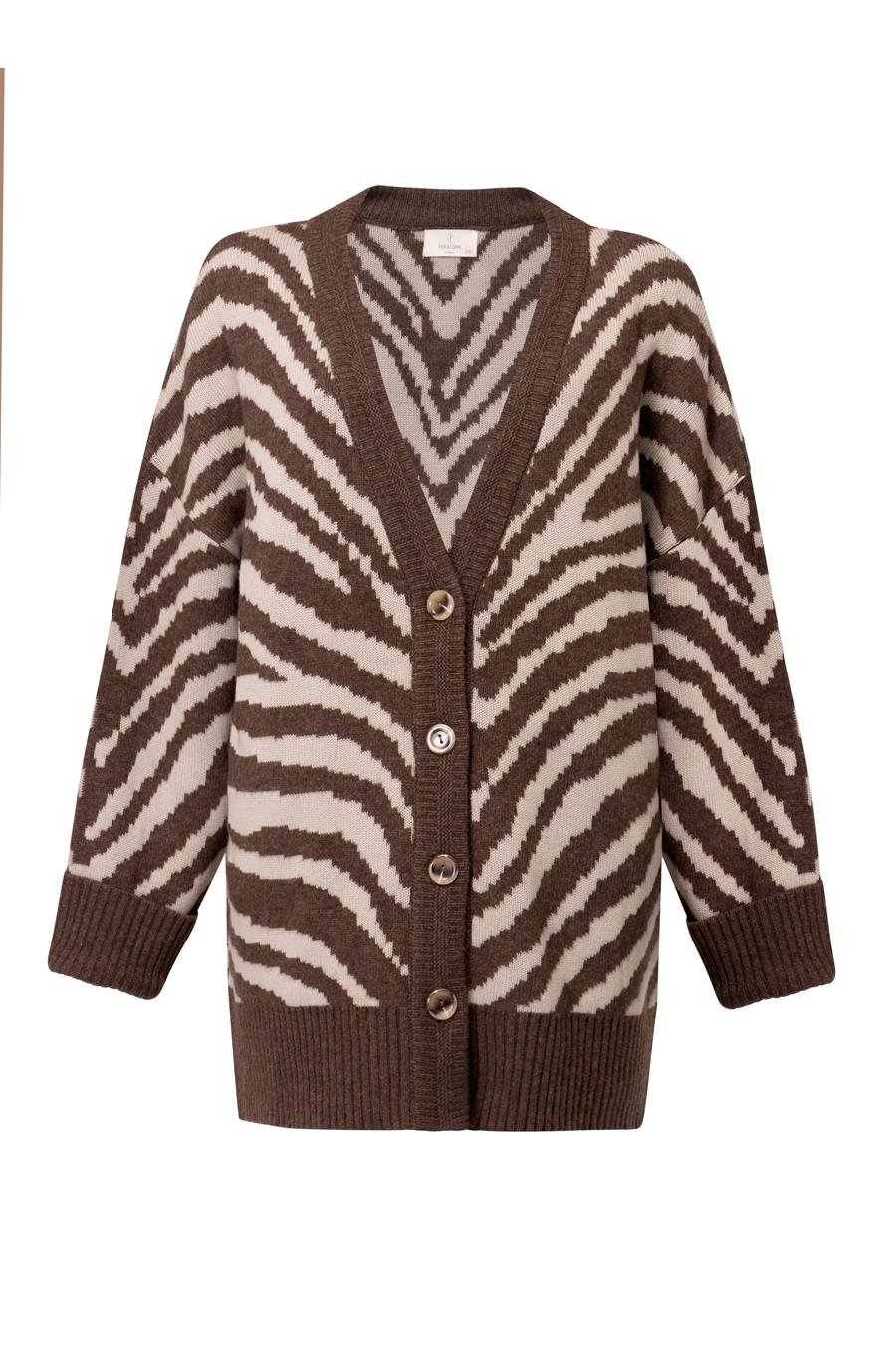 Peraluna ZEBRA CARDIGAN V Yaka Zebra Desen Organik Pamuk-Yün Karışım Geniş Kesim Kadın Triko Hırka - Kahve