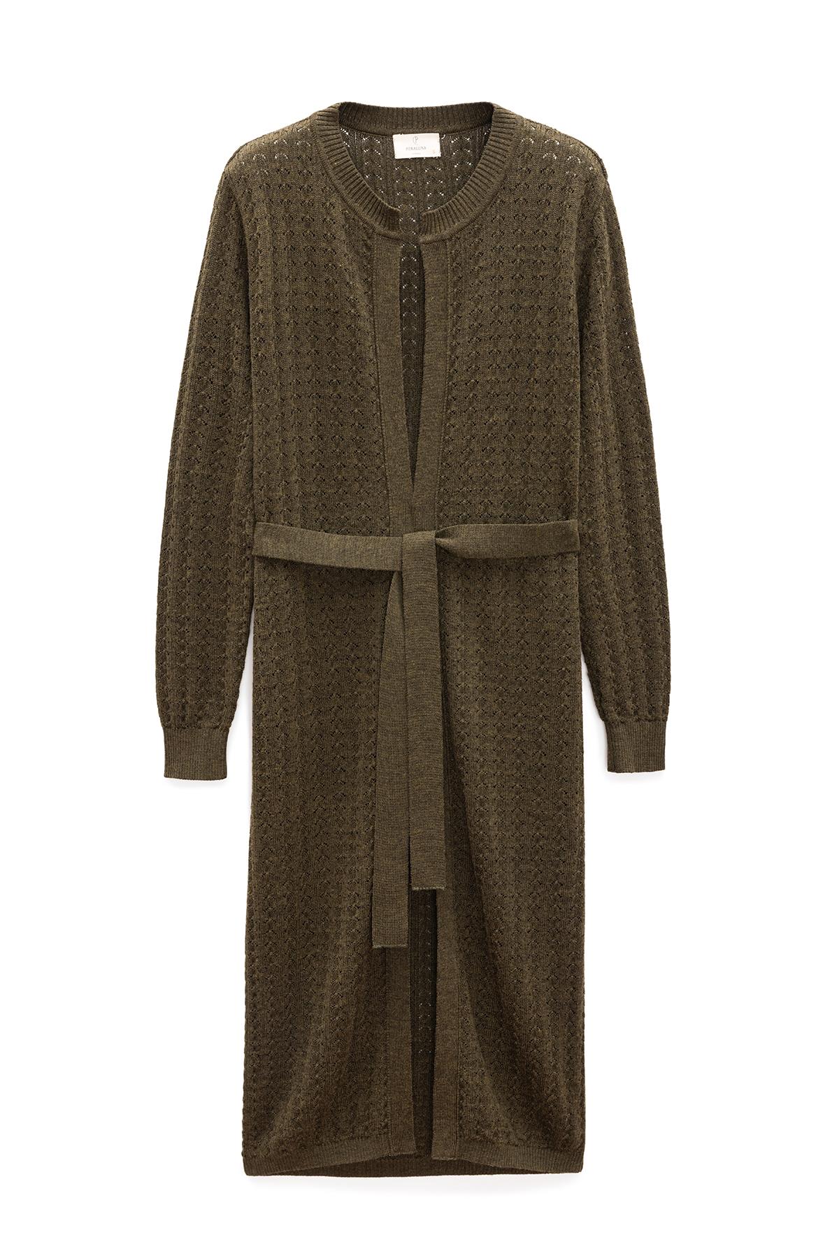 Peraluna Zeyna Mini Kabartma Örgülü Uzun Triko Hırka - Koyu Yeşil Melanj