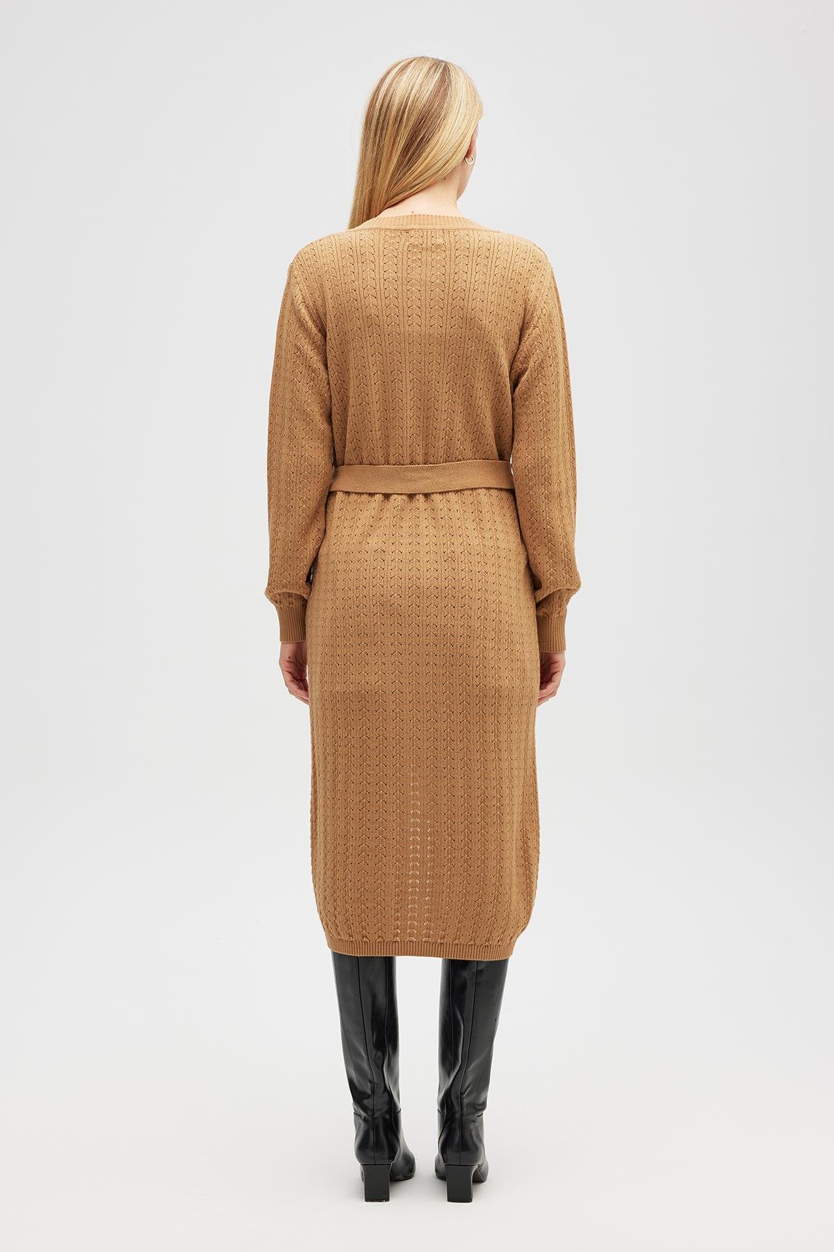Peraluna Zeyna Mini Kabartma Örgülü Uzun Triko Hırka - Camel