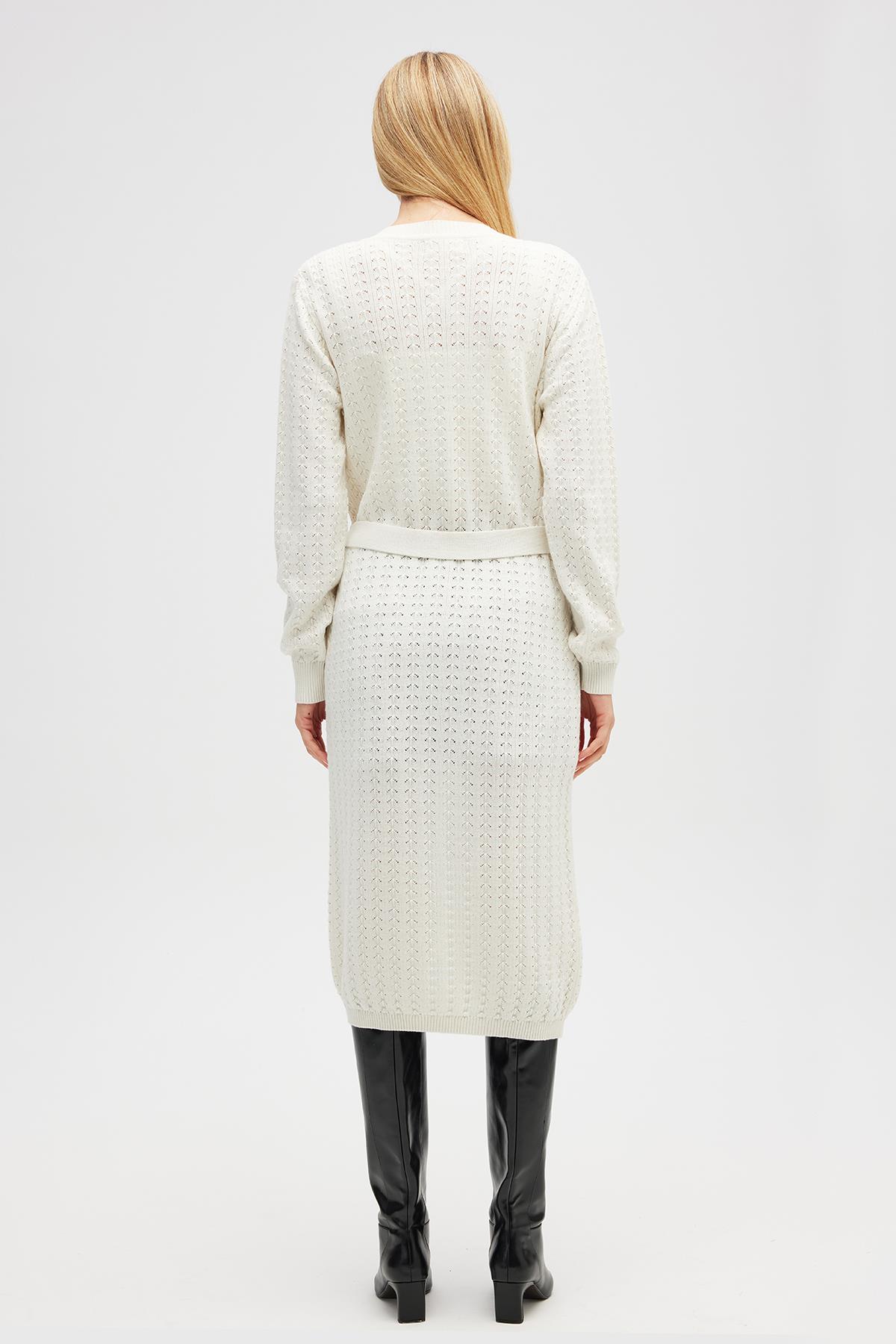 Peraluna Zeyna Mini Kabartma Örgülü Uzun Triko Hırka - Ekru