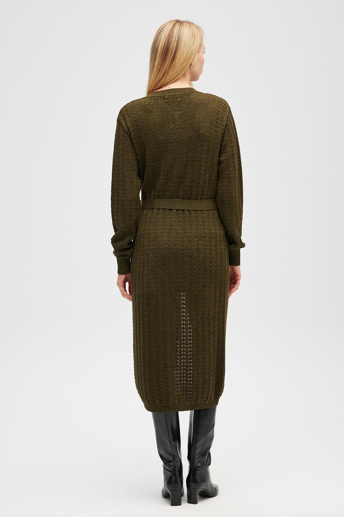 Peraluna Zeyna Mini Kabartma Örgülü Uzun Triko Hırka - Koyu Yeşil Melanj