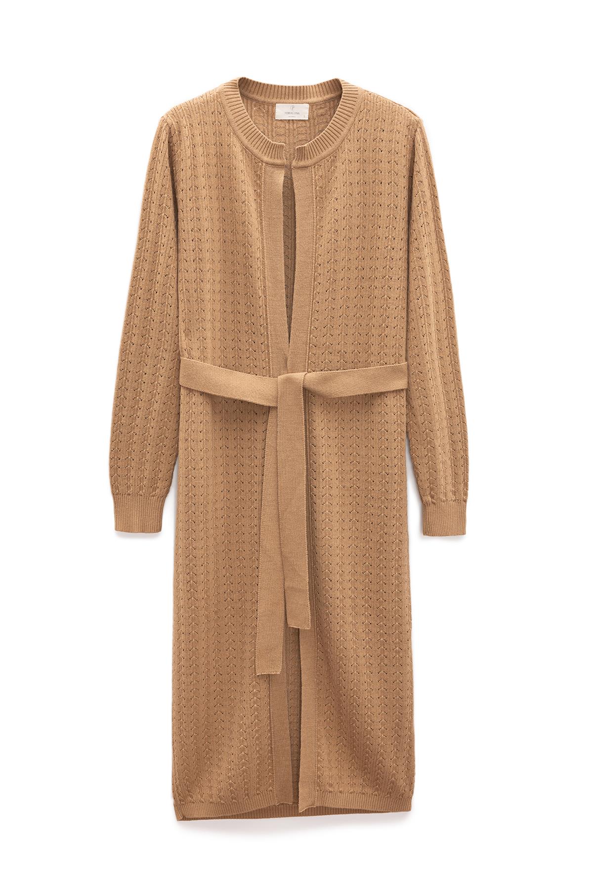 Peraluna Zeyna Mini Kabartma Örgülü Uzun Triko Hırka - Camel