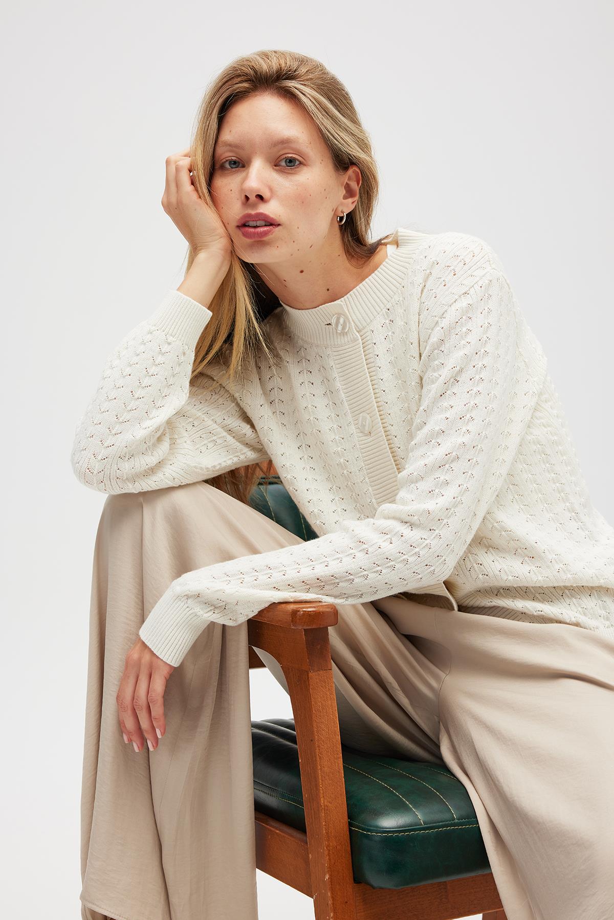 Peraluna Zoey Mini Kabartma Örgülü Triko Hırka - Ekru