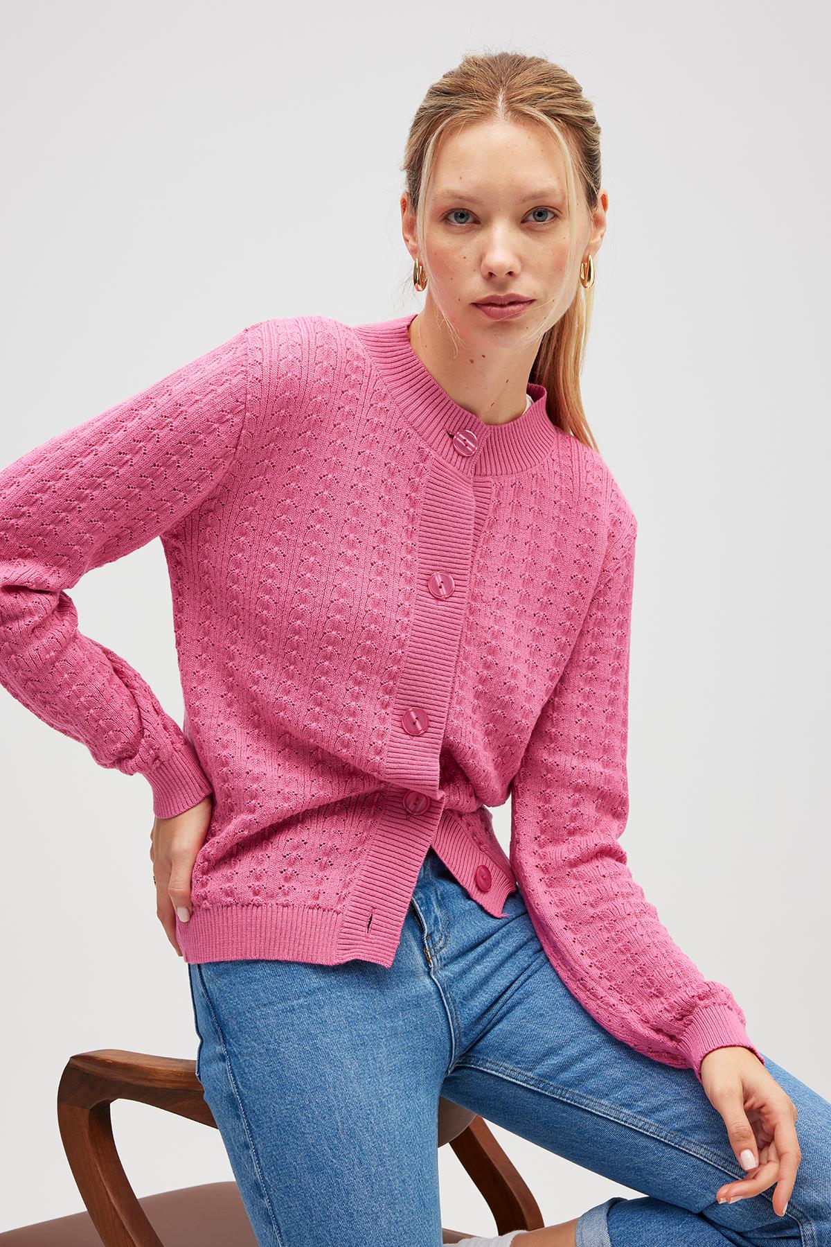 Peraluna Zoey Mini Kabartma Örgülü Triko Hırka - Şeker Pembe