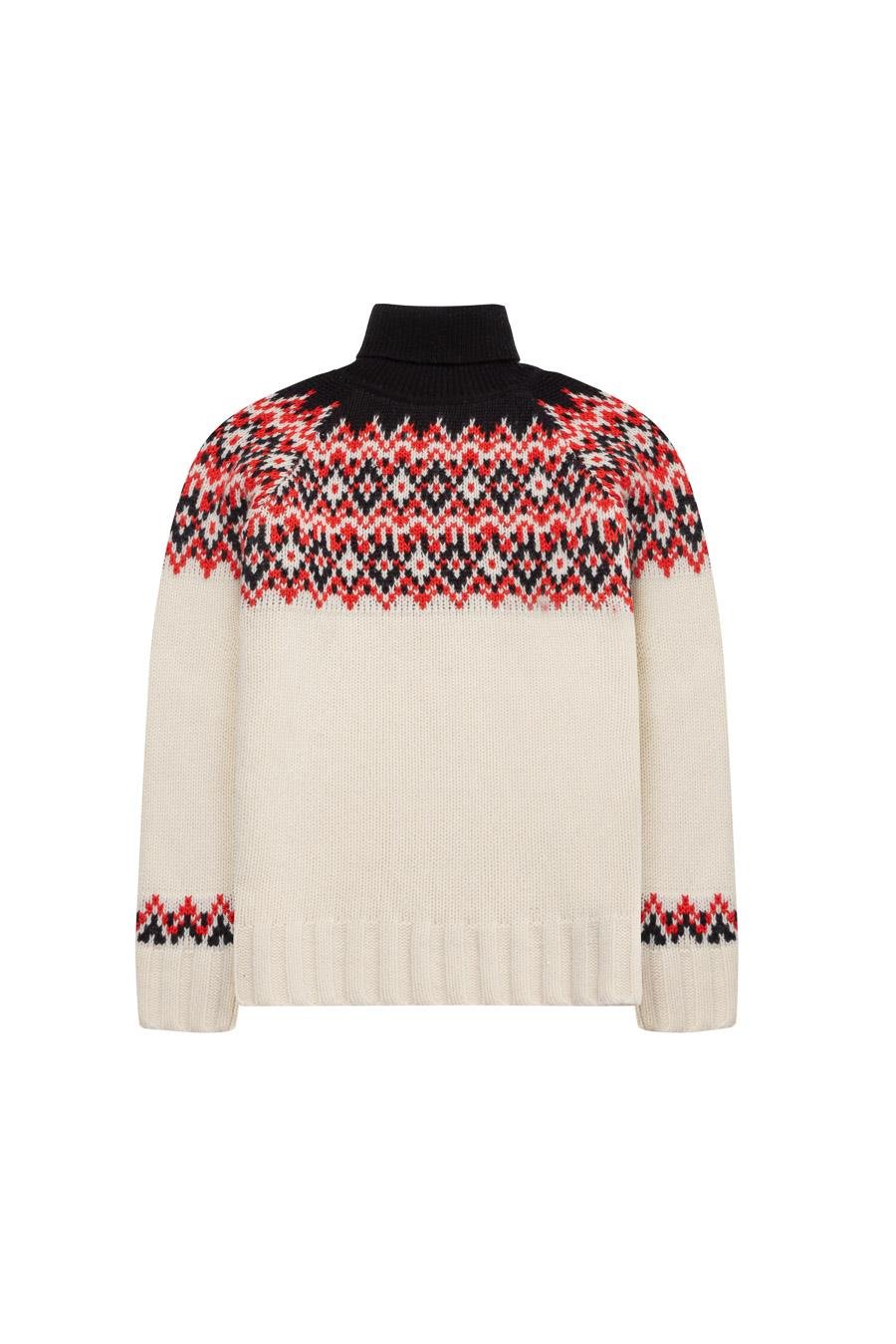Styleboom X Peraluna COTSWALD FAIR ISLE PULLOVER Balıkçı Yaka Baklava Desen Kazak Kadın Triko Kazak - Ekru Multi