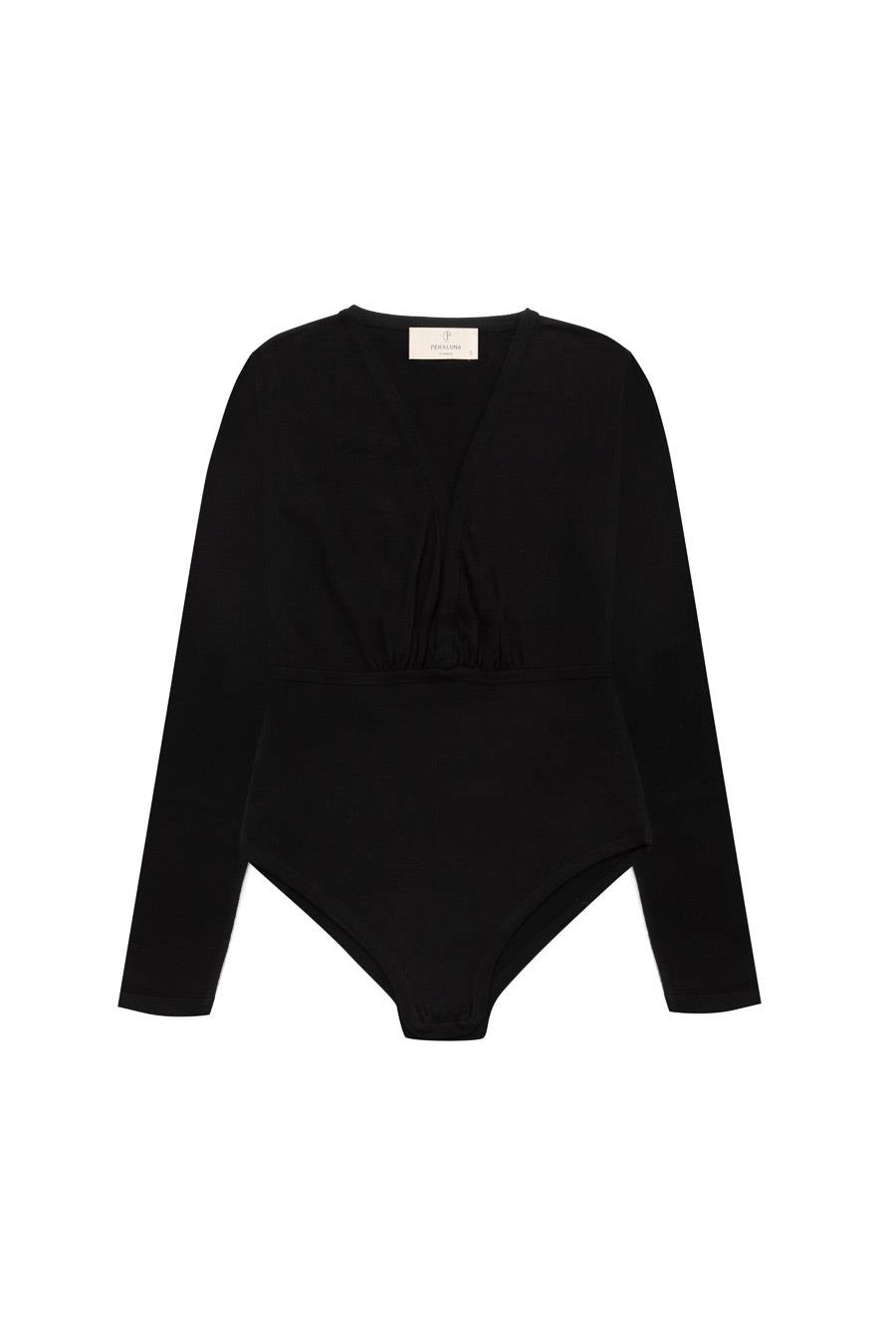 Styleboom X Peraluna DEVON BODYSUIT V Yaka Uzun Kol Alttan Çıtçıtlı Kadın Triko Body - Siyah