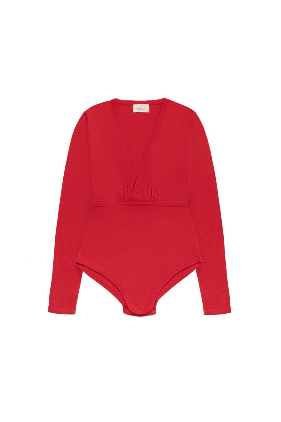 Styleboom X Peraluna DEVON BODYSUIT V Yaka Uzun Kol Alttan Çıtçıtlı Kadın Triko Body - Kırmızı