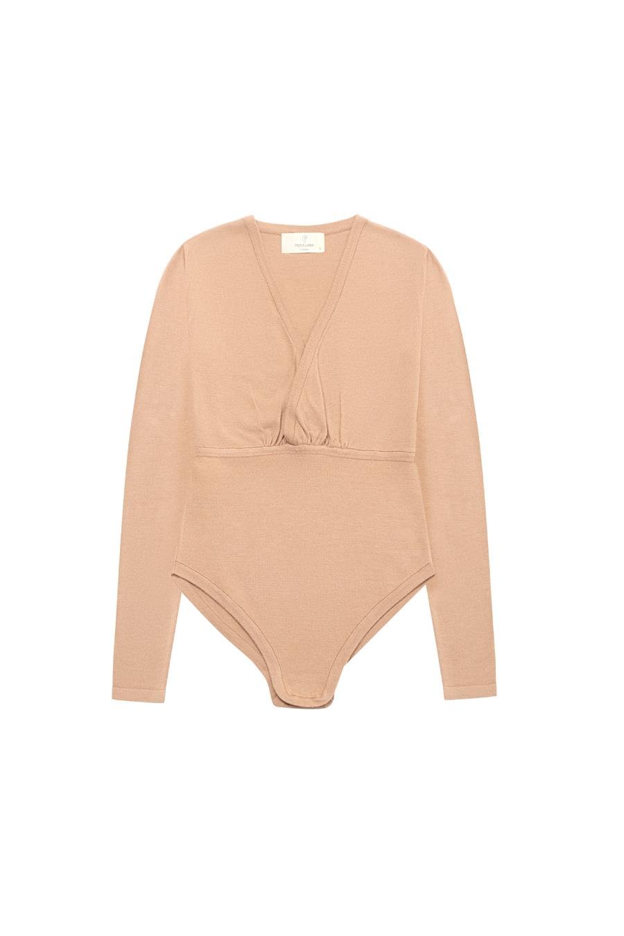 Styleboom X Peraluna DEVON BODYSUIT V Yaka Uzun Kol Alttan Çıtçıtlı Kadın Triko Body - Camel