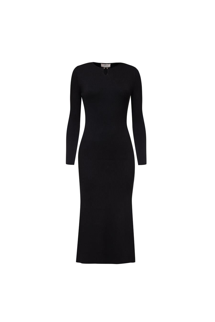 Styleboom X Peraluna DORSET DRESS Toka Detaylı Ribana Örgü Midi Kadın Triko Elbise - Siyah